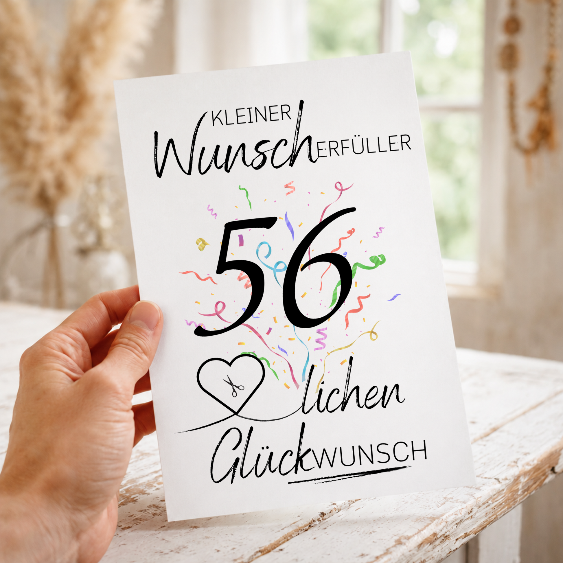Geldgeschenk 56. Geburtstag Printable mit großer schwarzer Zahl 56, buntem Konfetti, Herz für Geldschein und Schriftzug Kleiner Wunscherfüller Glückwunsch als Digital Download DIN A4