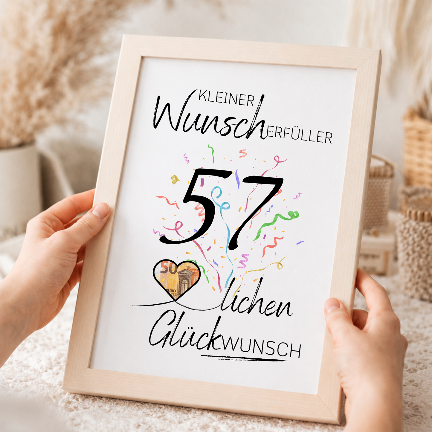 Geldgeschenk 57 Geburtstag Printable mit Konfetti, Herz für Geldschein, kleiner Wunscherfüller, Digital Download DIN A4 zum Ausdrucken