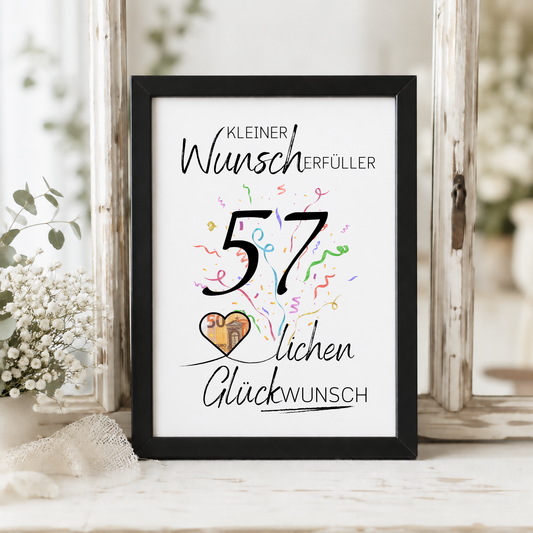 Geldgeschenk 57 Geburtstag Printable mit Konfetti, Herz für Geldschein, kleiner Wunscherfüller, Digital Download DIN A4 zum Ausdrucken