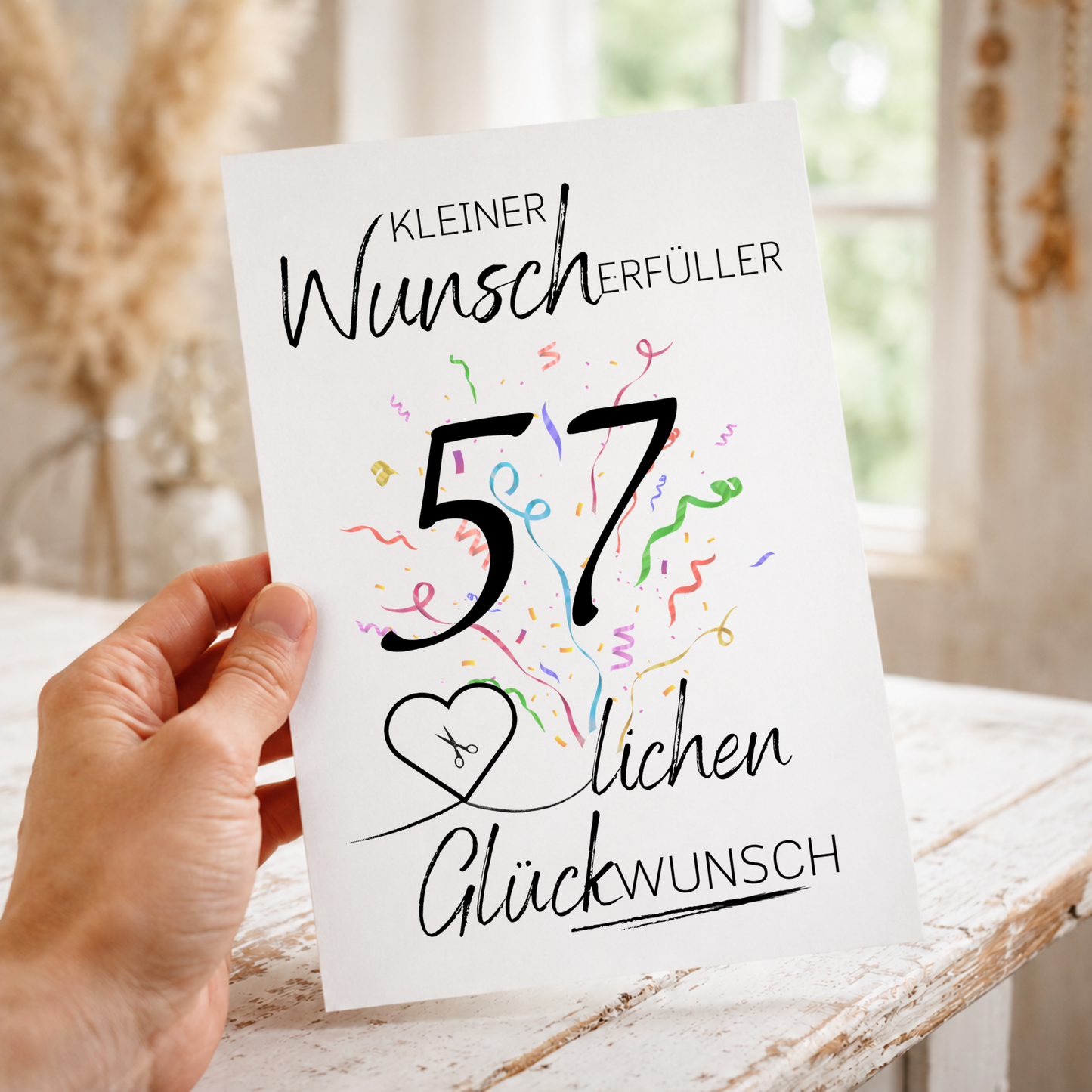 Geldgeschenk 57 Geburtstag Printable mit Konfetti, Herz für Geldschein, kleiner Wunscherfüller, Digital Download DIN A4 zum Ausdrucken