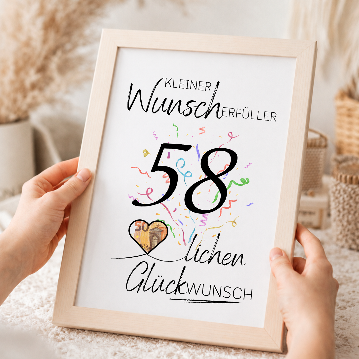 Geldgeschenk 58. Geburtstag Printable mit Konfetti, Schriftzug Kleiner Wunscherfüller, Herz für Geldschein und modernem Glückwunsch Design als Digital Download