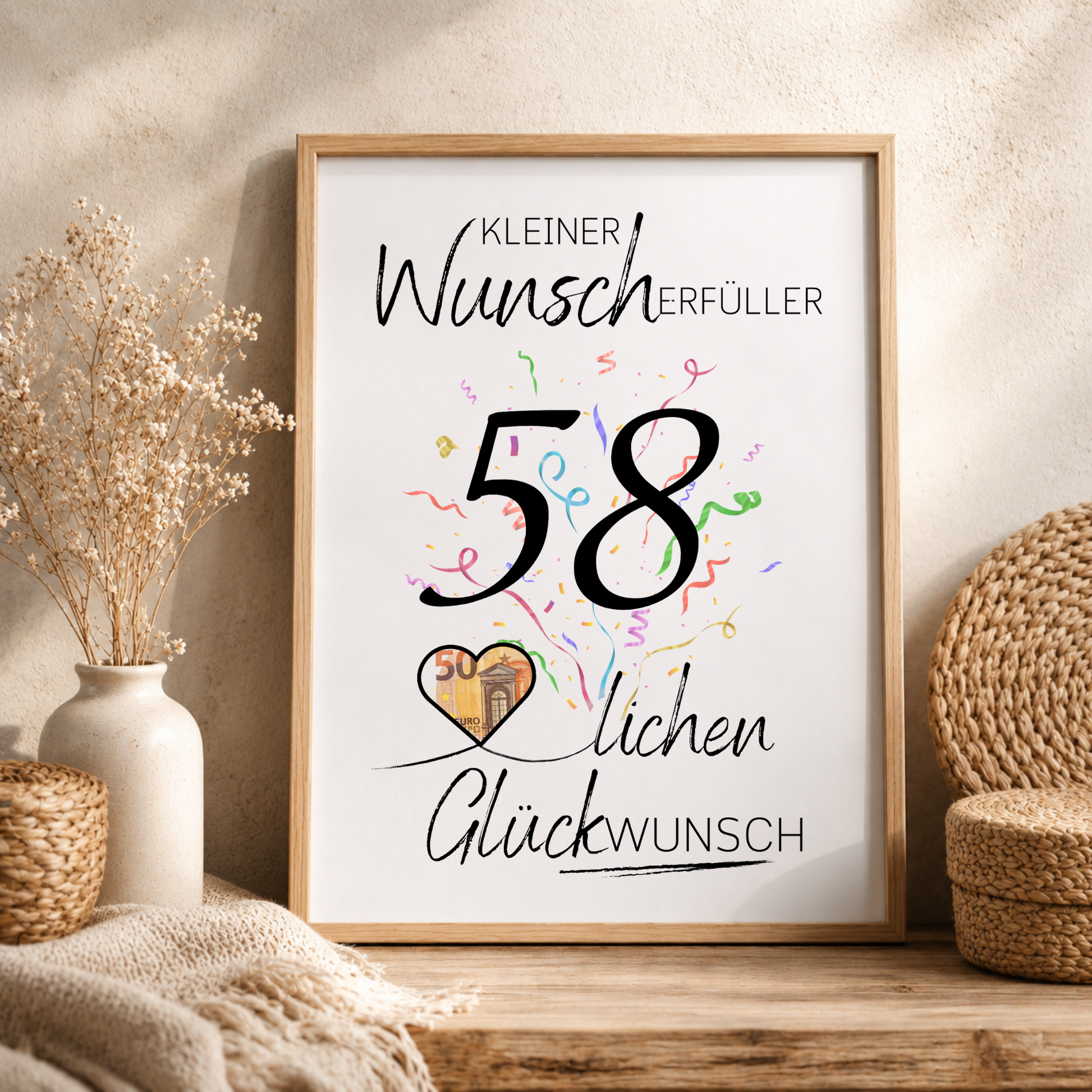 Geldgeschenk 58. Geburtstag Printable mit Konfetti, Schriftzug Kleiner Wunscherfüller, Herz für Geldschein und modernem Glückwunsch Design als Digital Download