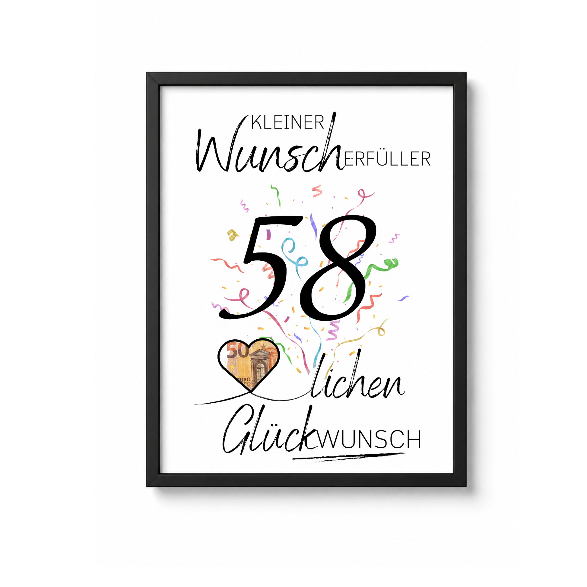 Geldgeschenk 58. Geburtstag Printable mit Konfetti, Schriftzug Kleiner Wunscherfüller, Herz für Geldschein und modernem Glückwunsch Design als Digital Download