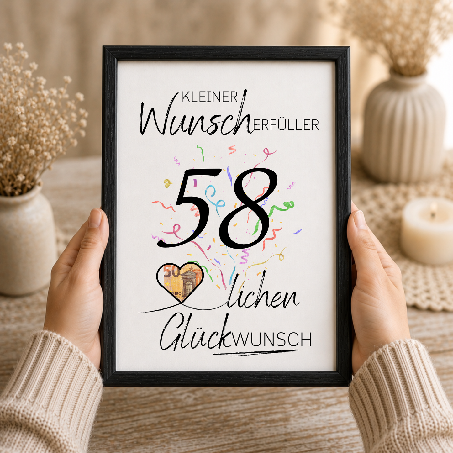 Geldgeschenk 58. Geburtstag Printable mit Konfetti, Schriftzug Kleiner Wunscherfüller, Herz für Geldschein und modernem Glückwunsch Design als Digital Download
