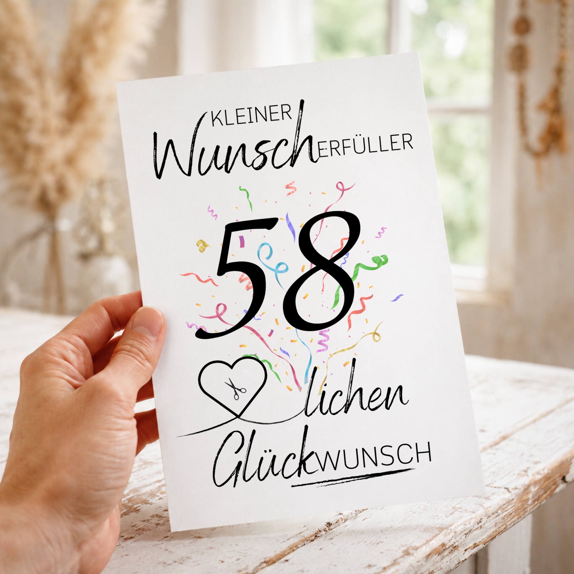 Geldgeschenk 58. Geburtstag Printable mit Konfetti, Schriftzug Kleiner Wunscherfüller, Herz für Geldschein und modernem Glückwunsch Design als Digital Download
