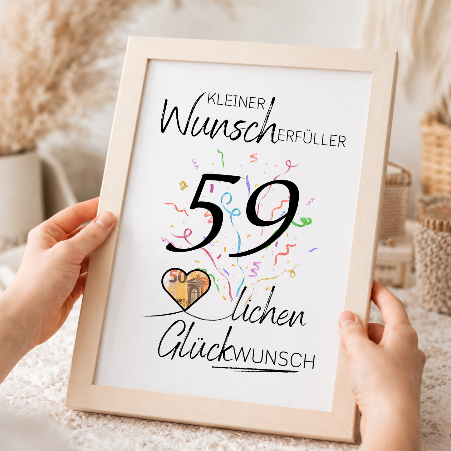 Geldgeschenk 59. Geburtstag Printable mit Konfetti, Herz für Geldschein, Schriftzug Kleiner Wunscherfüller und modernem Handlettering Design als Digital Download zum Ausdrucken