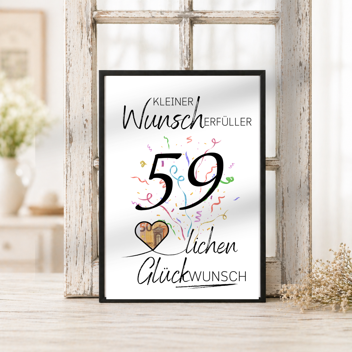 Geldgeschenk 59. Geburtstag Printable mit Konfetti, Herz für Geldschein, Schriftzug Kleiner Wunscherfüller und modernem Handlettering Design als Digital Download zum Ausdrucken