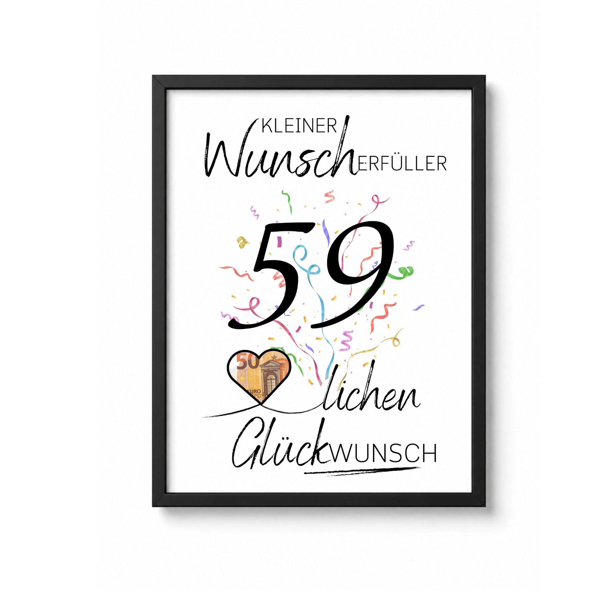 Geldgeschenk 59. Geburtstag Printable mit Konfetti, Herz für Geldschein, Schriftzug Kleiner Wunscherfüller und modernem Handlettering Design als Digital Download zum Ausdrucken