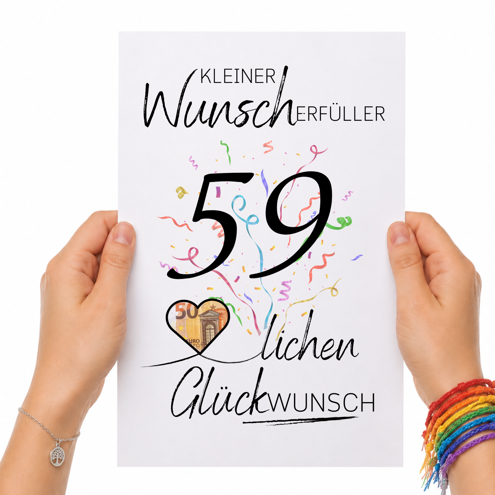 Geldgeschenk 59. Geburtstag Printable mit Konfetti, Herz für Geldschein, Schriftzug Kleiner Wunscherfüller und modernem Handlettering Design als Digital Download zum Ausdrucken