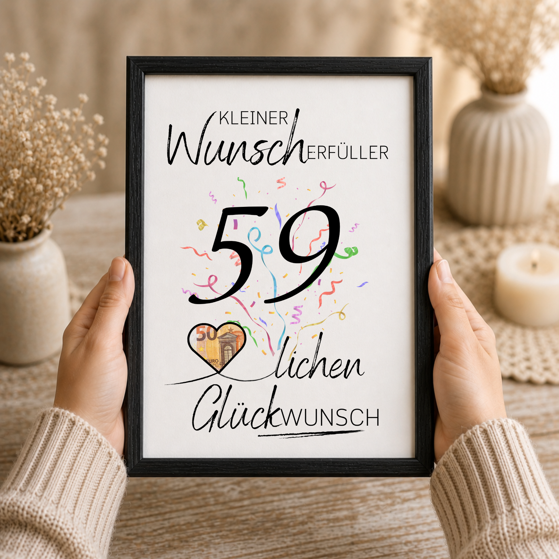 Geldgeschenk 59. Geburtstag Printable mit Konfetti, Herz für Geldschein, Schriftzug Kleiner Wunscherfüller und modernem Handlettering Design als Digital Download zum Ausdrucken
