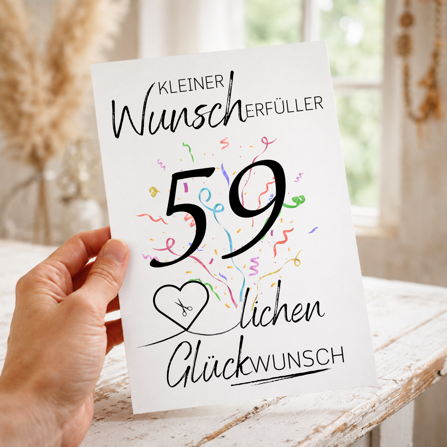 Geldgeschenk 59. Geburtstag Printable mit Konfetti, Herz für Geldschein, Schriftzug Kleiner Wunscherfüller und modernem Handlettering Design als Digital Download zum Ausdrucken