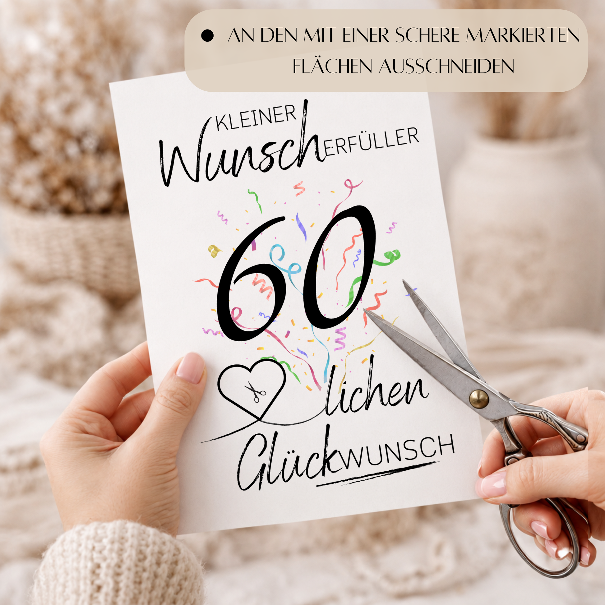 Geldgeschenk 60 Geburtstag Printable mit Konfetti, Herz für Geldschein und Schriftzug Kleiner Wunscherfüller, Digital Download DIN A4