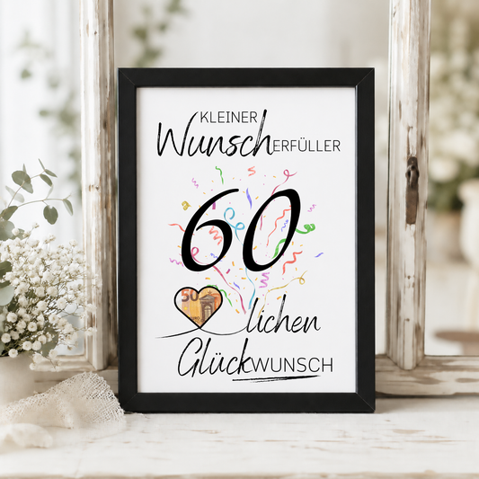 Geldgeschenk 60 Geburtstag Printable mit Konfetti, Herz für Geldschein und Schriftzug Kleiner Wunscherfüller, Digital Download DIN A4