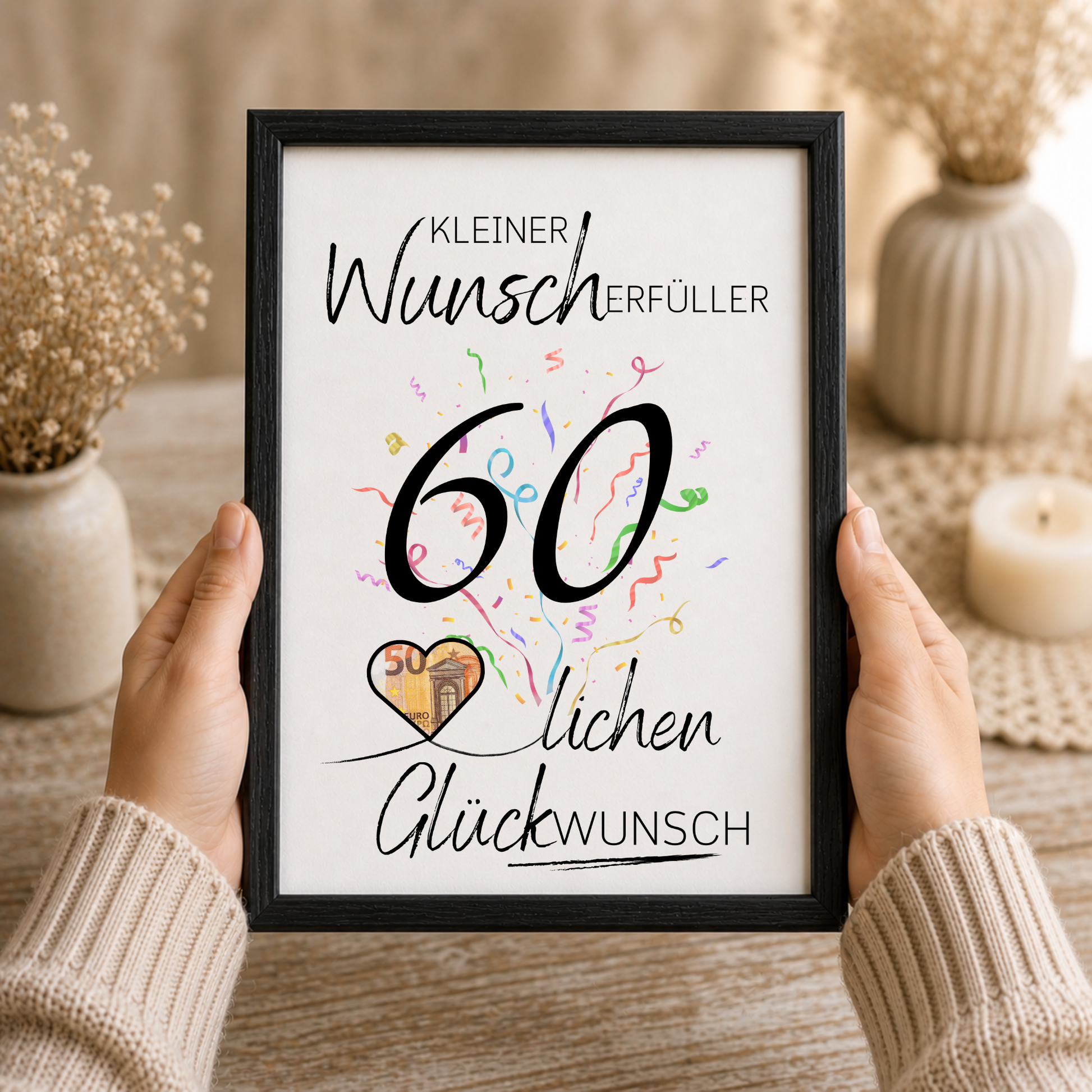 Geldgeschenk 60 Geburtstag Printable mit Konfetti, Herz für Geldschein und Schriftzug Kleiner Wunscherfüller, Digital Download DIN A4