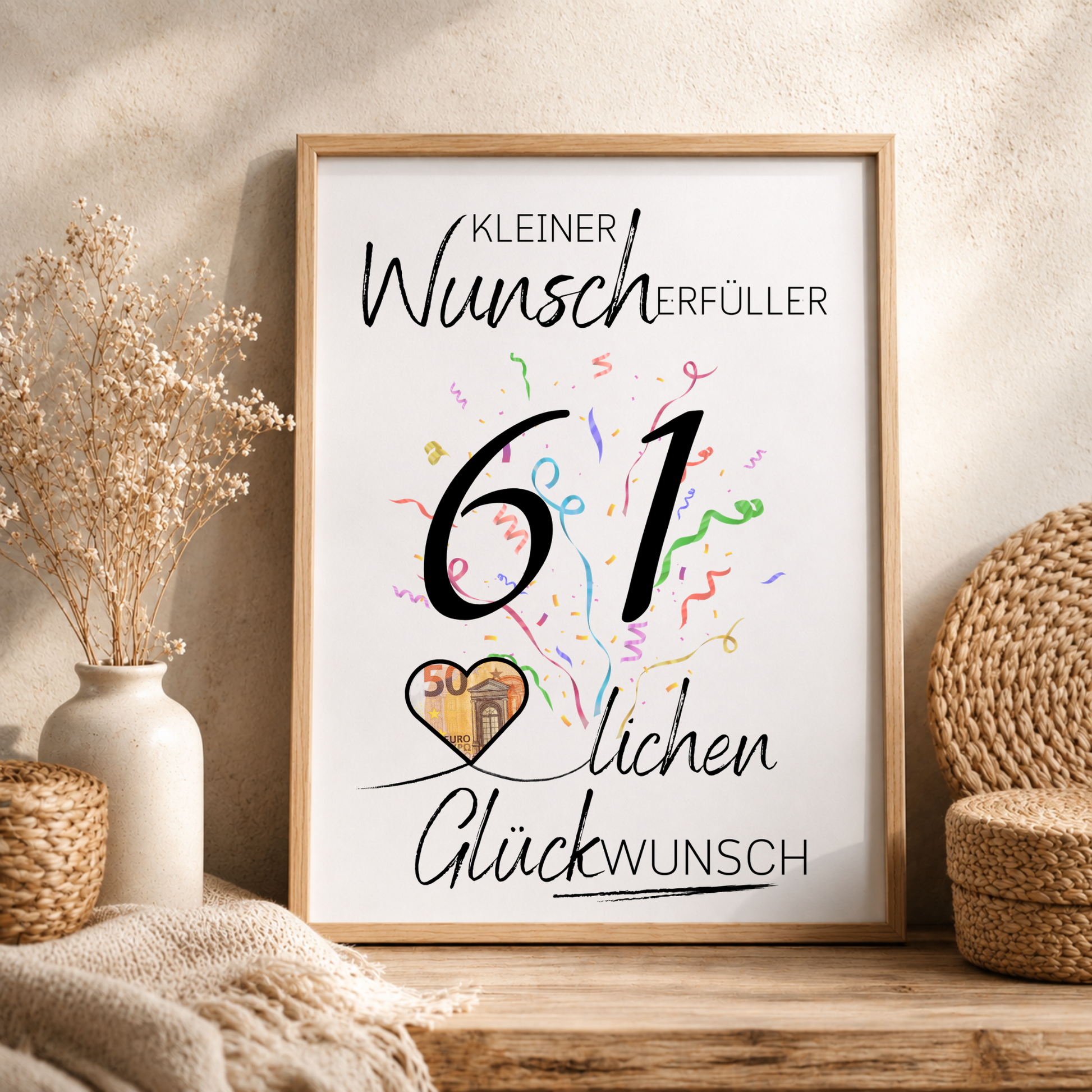 Geldgeschenk 61 Geburtstag Printable mit Konfetti, Herzmotiv für Geldschein, kleiner Wunscherfüller, Glückwunsch Poster zum Ausdrucken, Digital Download DIN A4