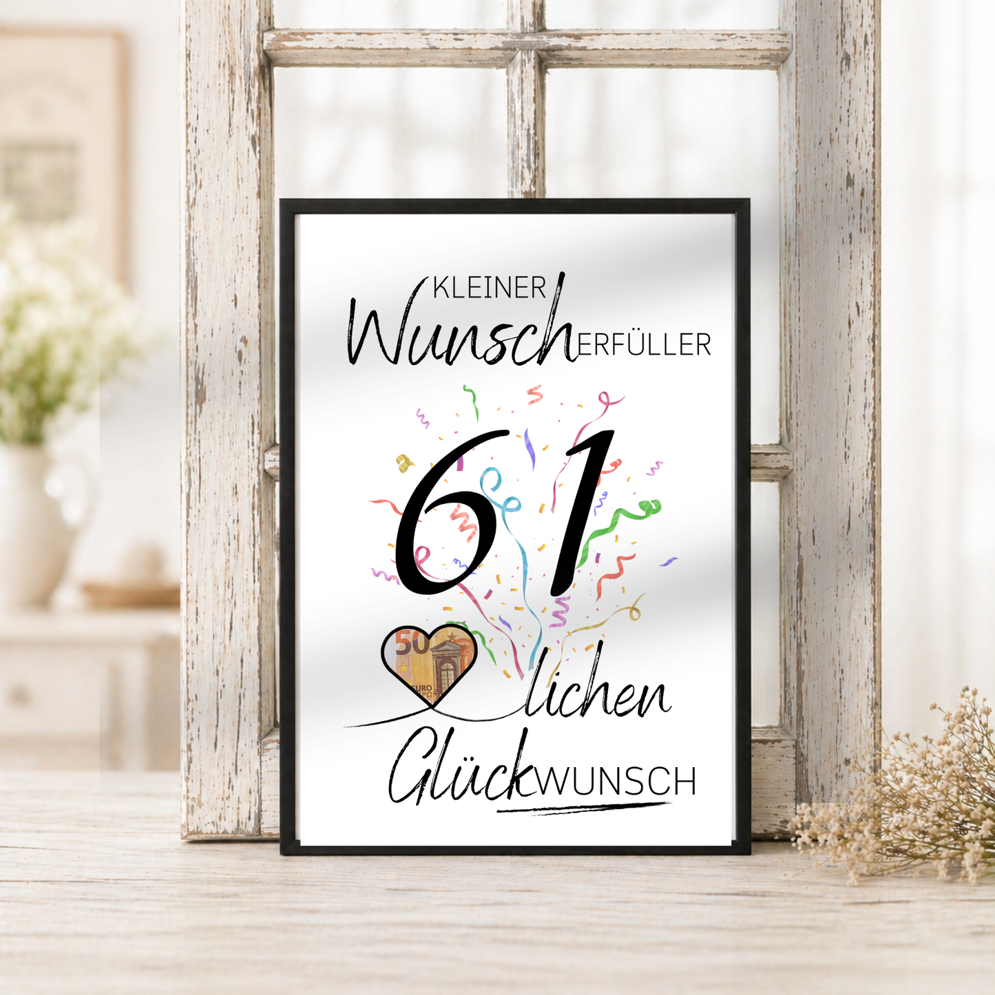 Geldgeschenk 61 Geburtstag Printable mit Konfetti, Herzmotiv für Geldschein, kleiner Wunscherfüller, Glückwunsch Poster zum Ausdrucken, Digital Download DIN A4