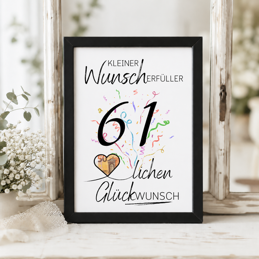 Geldgeschenk 61 Geburtstag Printable mit Konfetti, Herzmotiv für Geldschein, kleiner Wunscherfüller, Glückwunsch Poster zum Ausdrucken, Digital Download DIN A4