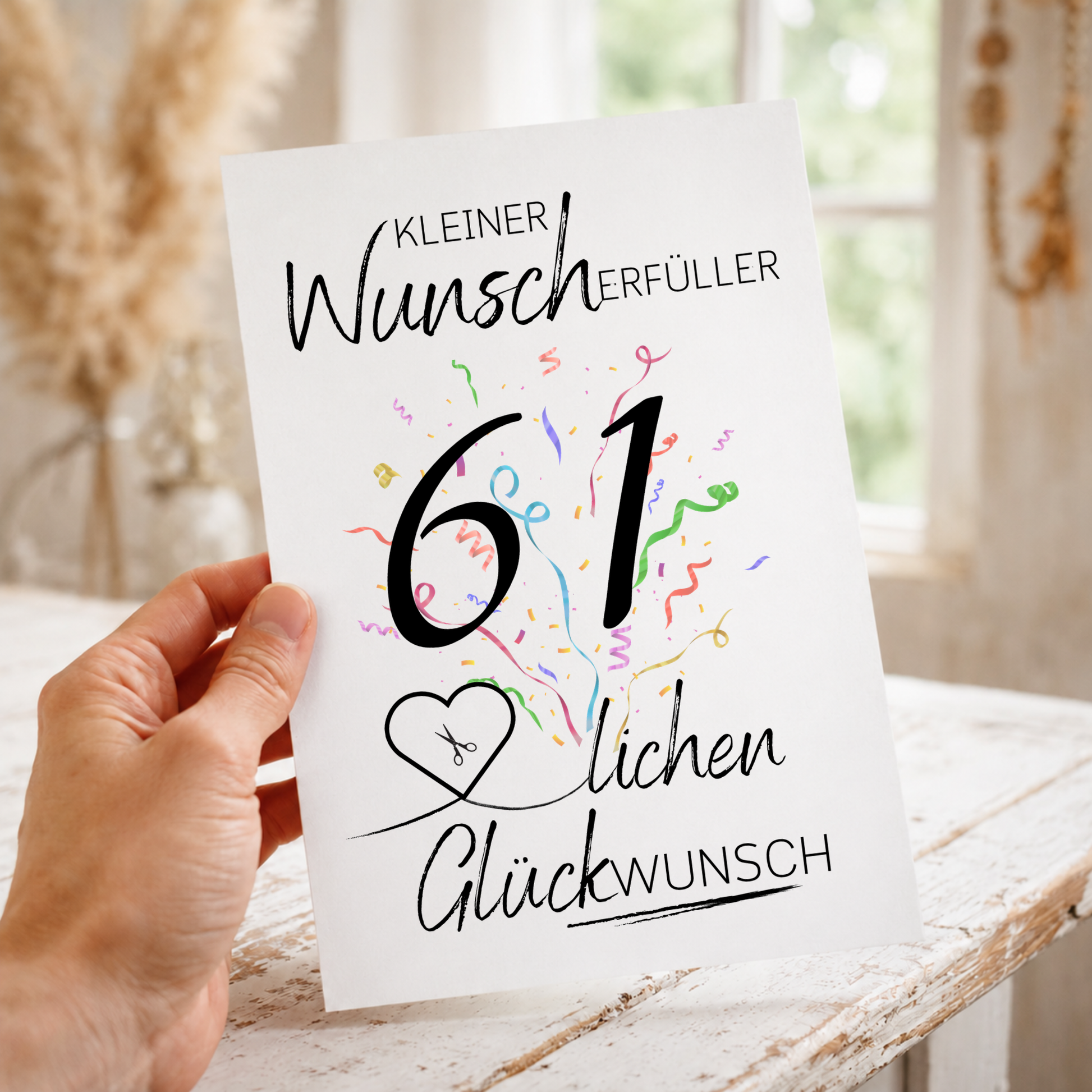 Geldgeschenk 61 Geburtstag Printable mit Konfetti, Herzmotiv für Geldschein, kleiner Wunscherfüller, Glückwunsch Poster zum Ausdrucken, Digital Download DIN A4