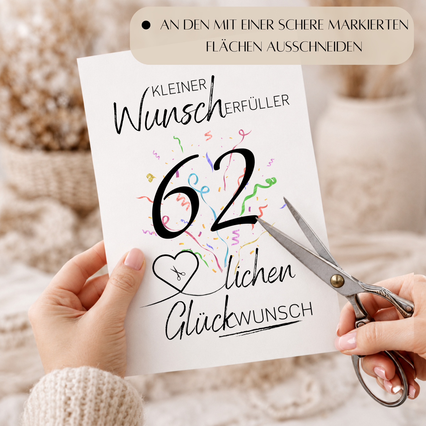 Geldgeschenk 62 Geburtstag Printable mit Konfetti, Herzmotiv für Geldschein, Wunscherfüller Design, Glückwunsch Geburtstag PDF zum Ausdrucken DIN A4