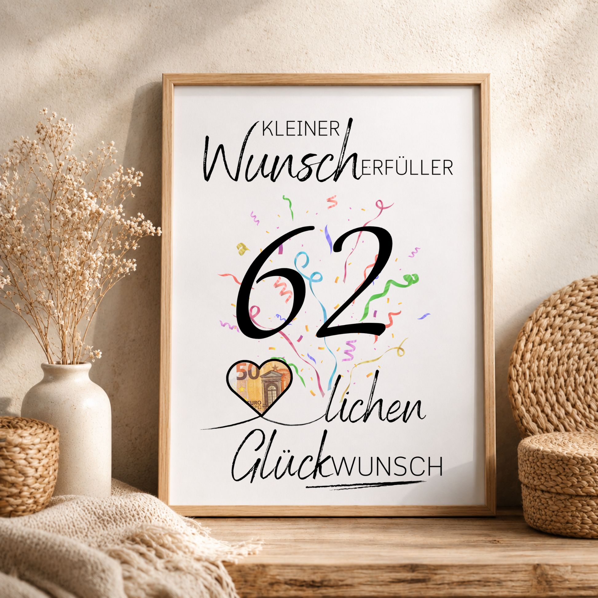 Geldgeschenk 62 Geburtstag Printable mit Konfetti, Herzmotiv für Geldschein, Wunscherfüller Design, Glückwunsch Geburtstag PDF zum Ausdrucken DIN A4