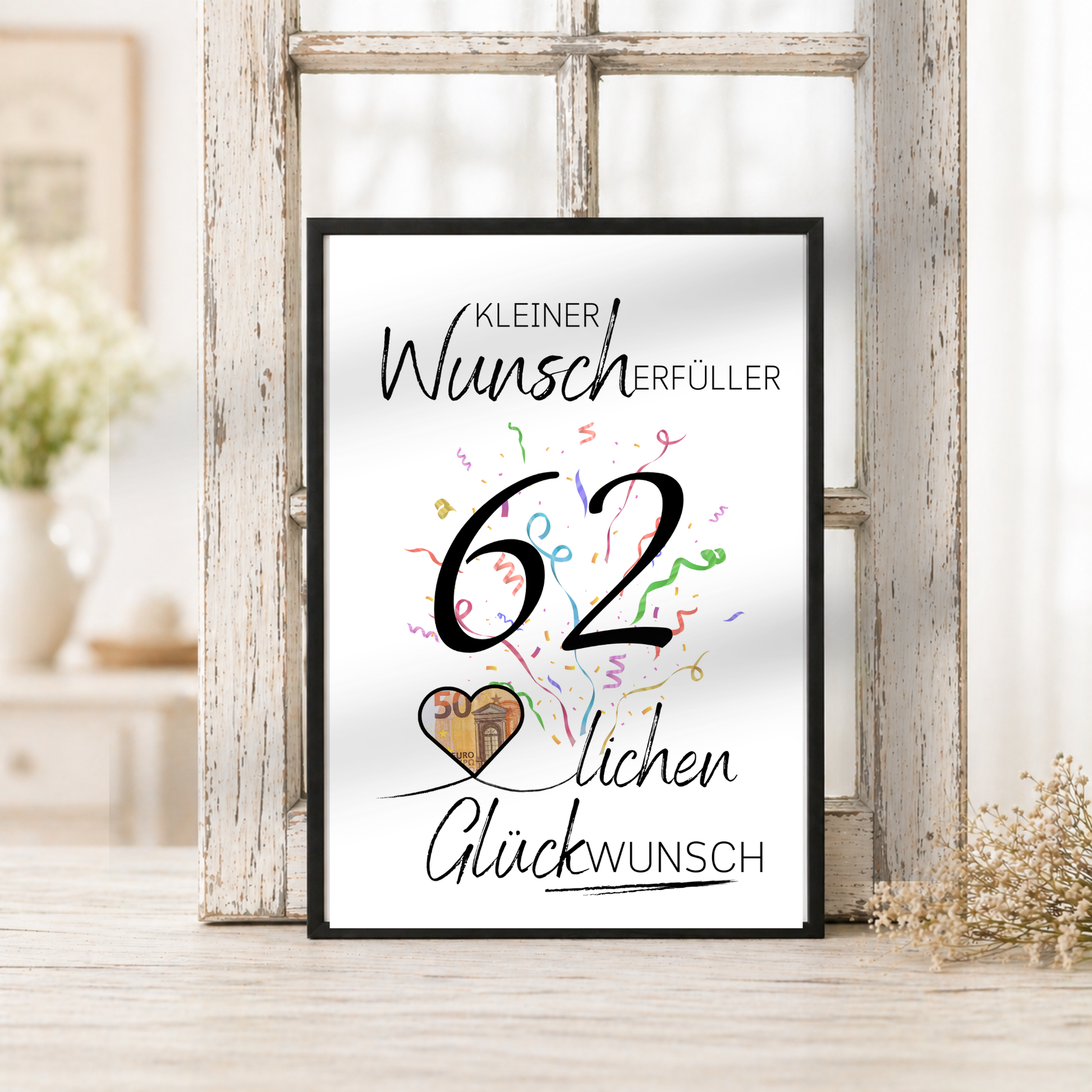 Geldgeschenk 62 Geburtstag Printable mit Konfetti, Herzmotiv für Geldschein, Wunscherfüller Design, Glückwunsch Geburtstag PDF zum Ausdrucken DIN A4