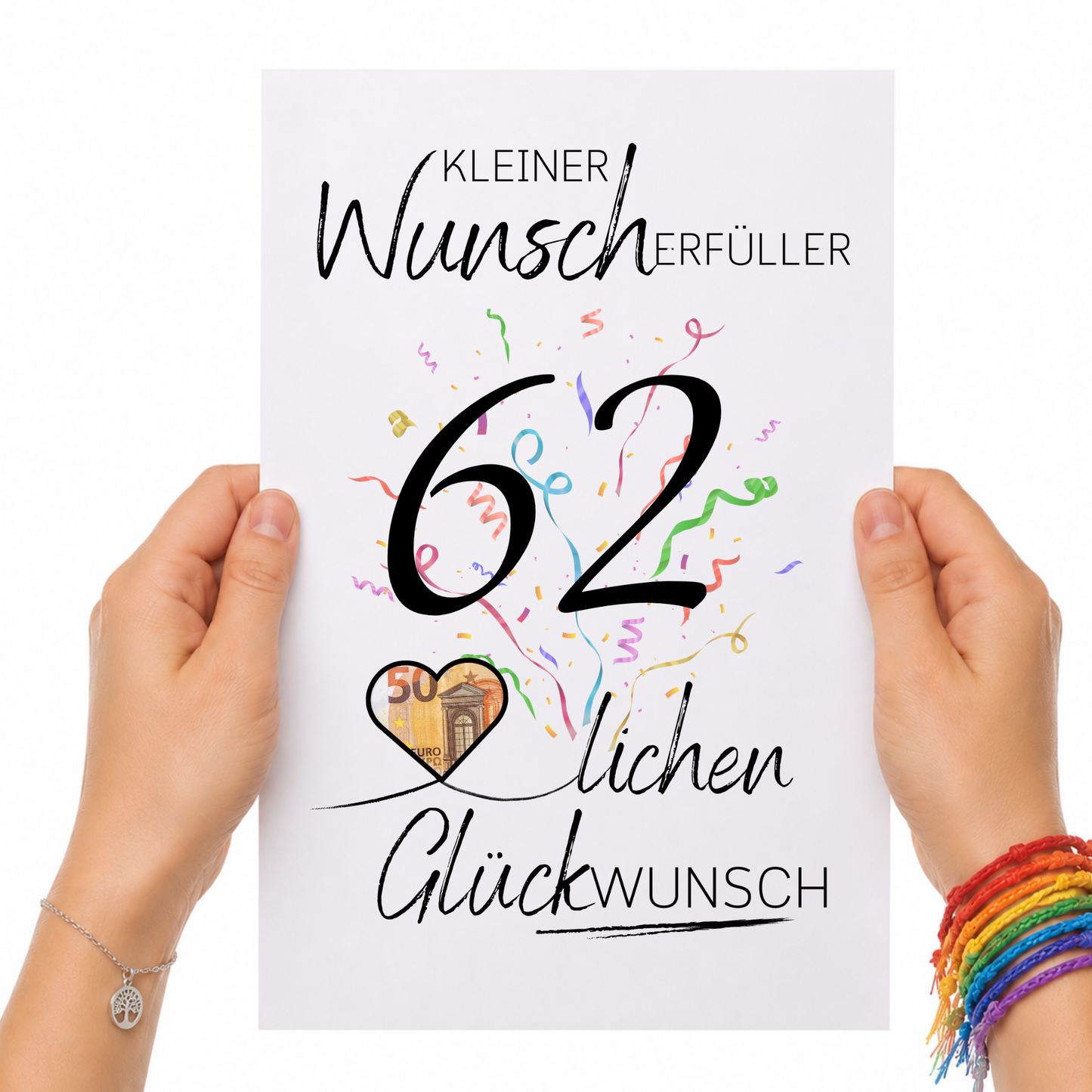 Geldgeschenk 62 Geburtstag Printable mit Konfetti, Herzmotiv für Geldschein, Wunscherfüller Design, Glückwunsch Geburtstag PDF zum Ausdrucken DIN A4
