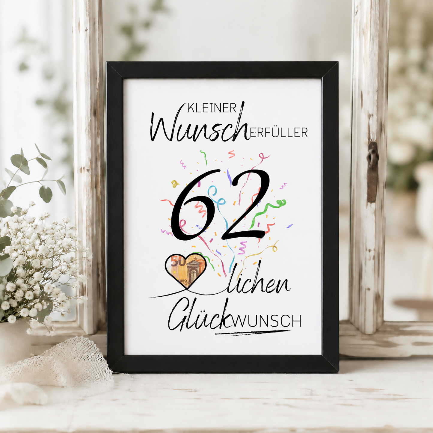 Geldgeschenk 62 Geburtstag Printable mit Konfetti, Herzmotiv für Geldschein, Wunscherfüller Design, Glückwunsch Geburtstag PDF zum Ausdrucken DIN A4