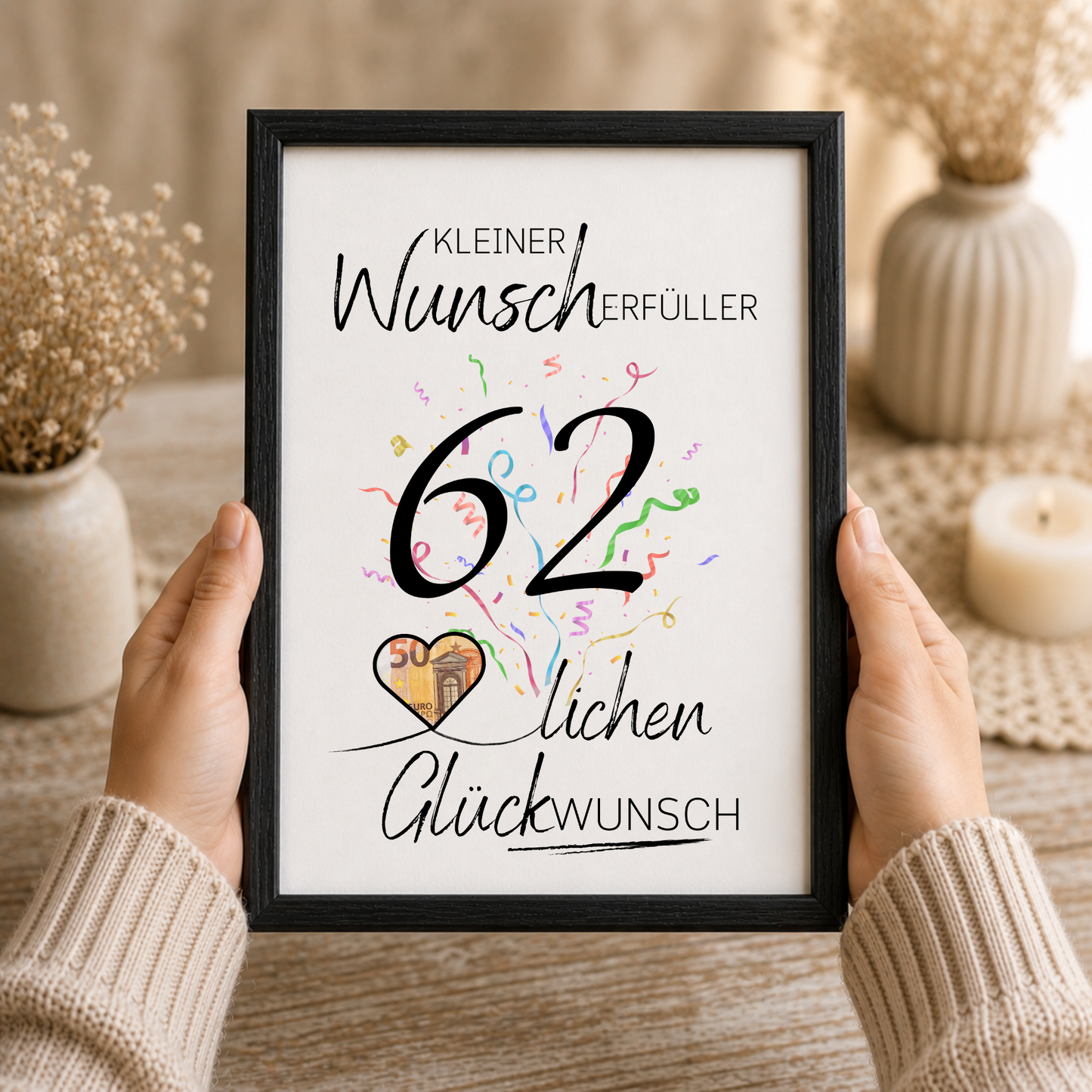 Geldgeschenk 62 Geburtstag Printable mit Konfetti, Herzmotiv für Geldschein, Wunscherfüller Design, Glückwunsch Geburtstag PDF zum Ausdrucken DIN A4
