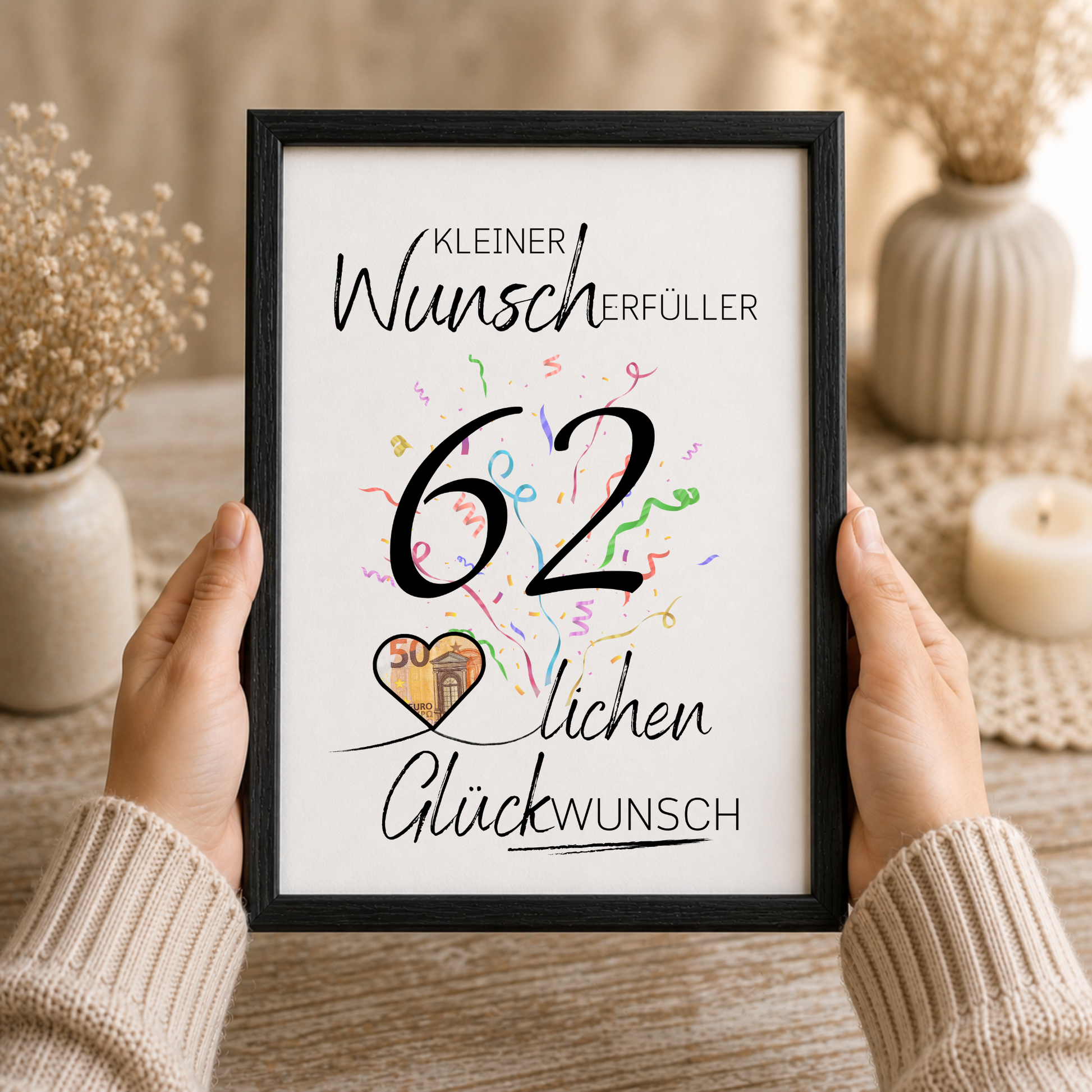 Geldgeschenk 62 Geburtstag Printable mit Konfetti, Herzmotiv für Geldschein, Wunscherfüller Design, Glückwunsch Geburtstag PDF zum Ausdrucken DIN A4