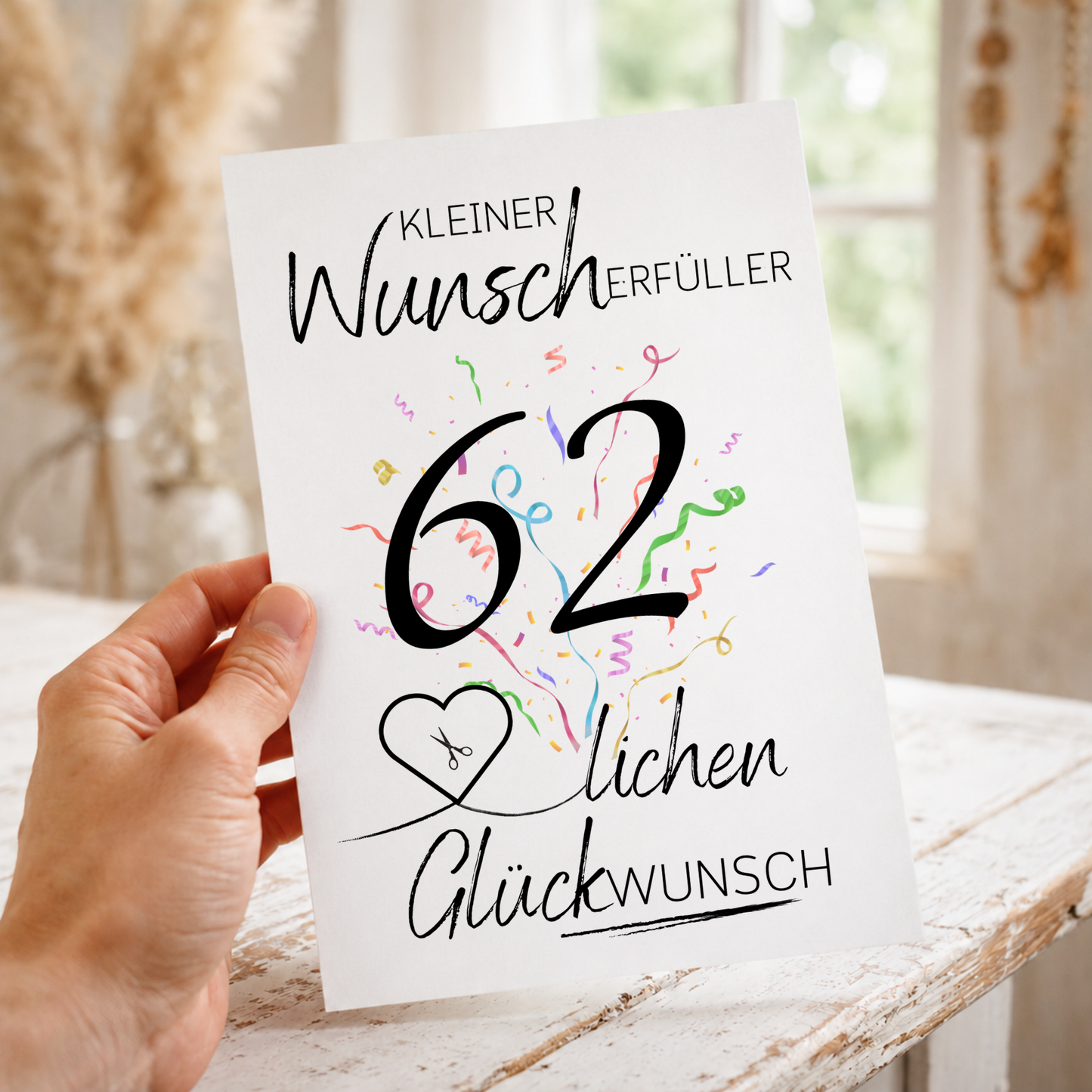 Geldgeschenk 62 Geburtstag Printable mit Konfetti, Herzmotiv für Geldschein, Wunscherfüller Design, Glückwunsch Geburtstag PDF zum Ausdrucken DIN A4