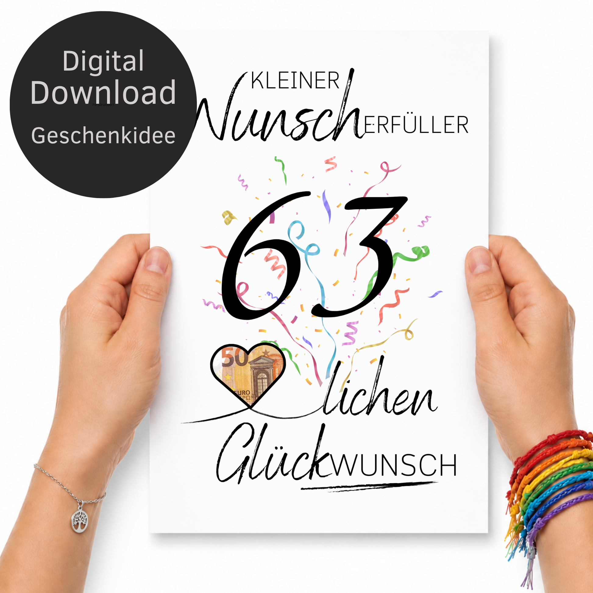 Geldgeschenk 63 Geburtstag Printable mit Konfetti, Herzmotiv für Geldschein, kleiner Wunscherfüller, PDF Download zum Ausdrucken