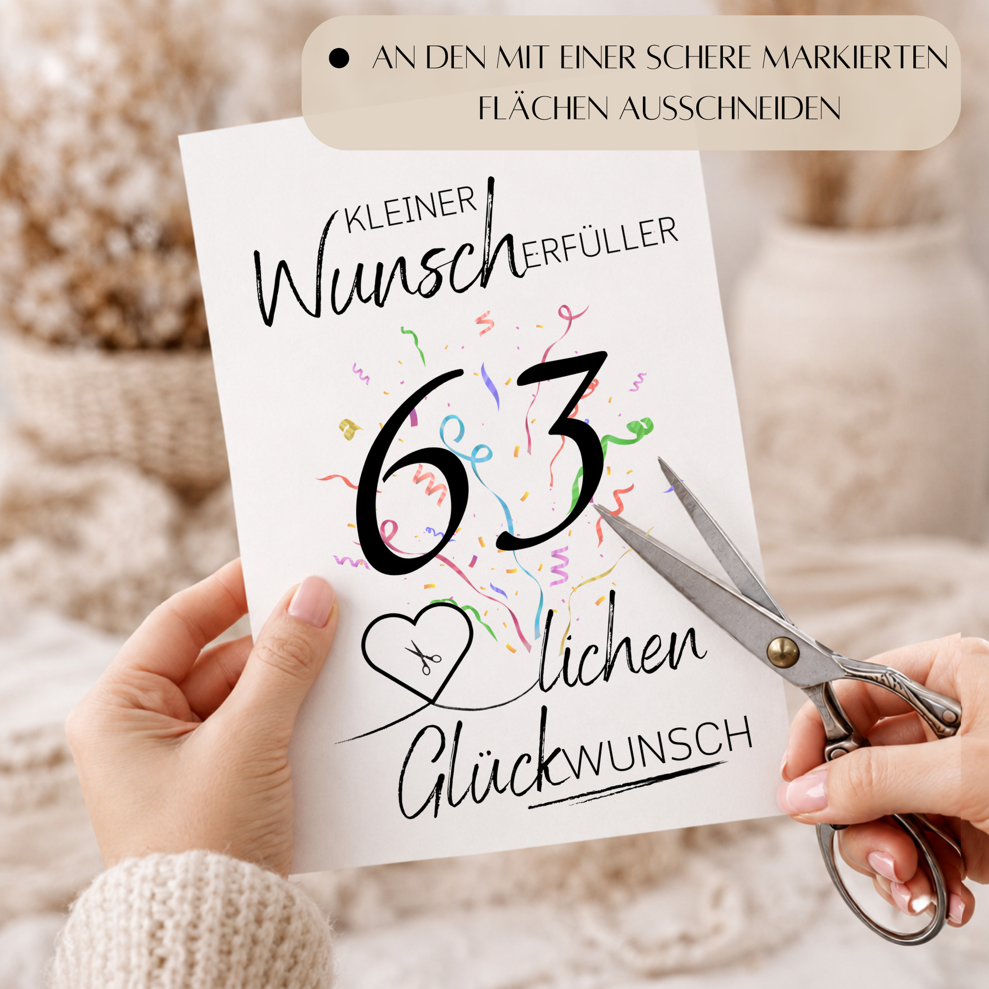 Geldgeschenk 63 Geburtstag Printable mit Konfetti, Herzmotiv für Geldschein, kleiner Wunscherfüller, PDF Download zum Ausdrucken