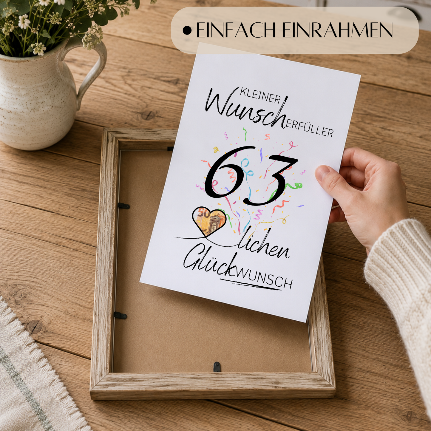 Geldgeschenk 63 Geburtstag Printable mit Konfetti, Herzmotiv für Geldschein, kleiner Wunscherfüller, PDF Download zum Ausdrucken