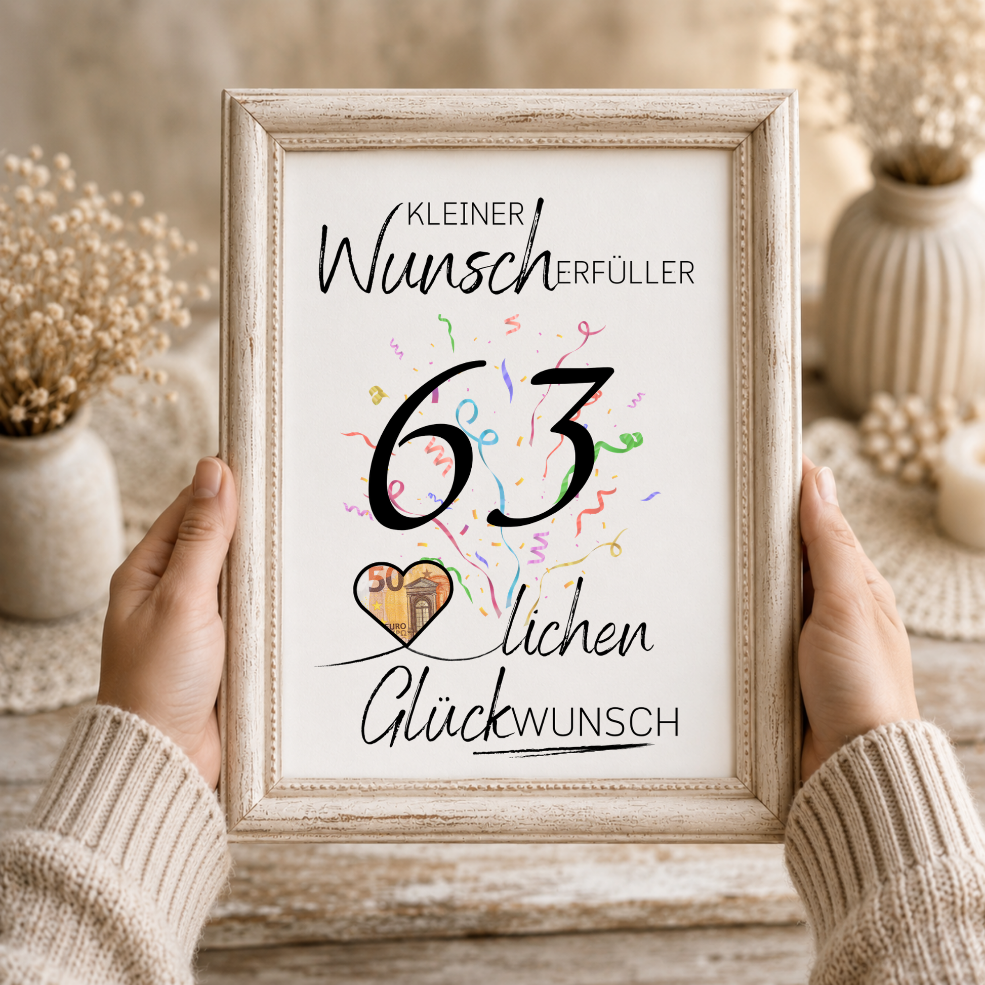 Geldgeschenk 63 Geburtstag Printable mit Konfetti, Herzmotiv für Geldschein, kleiner Wunscherfüller, PDF Download zum Ausdrucken