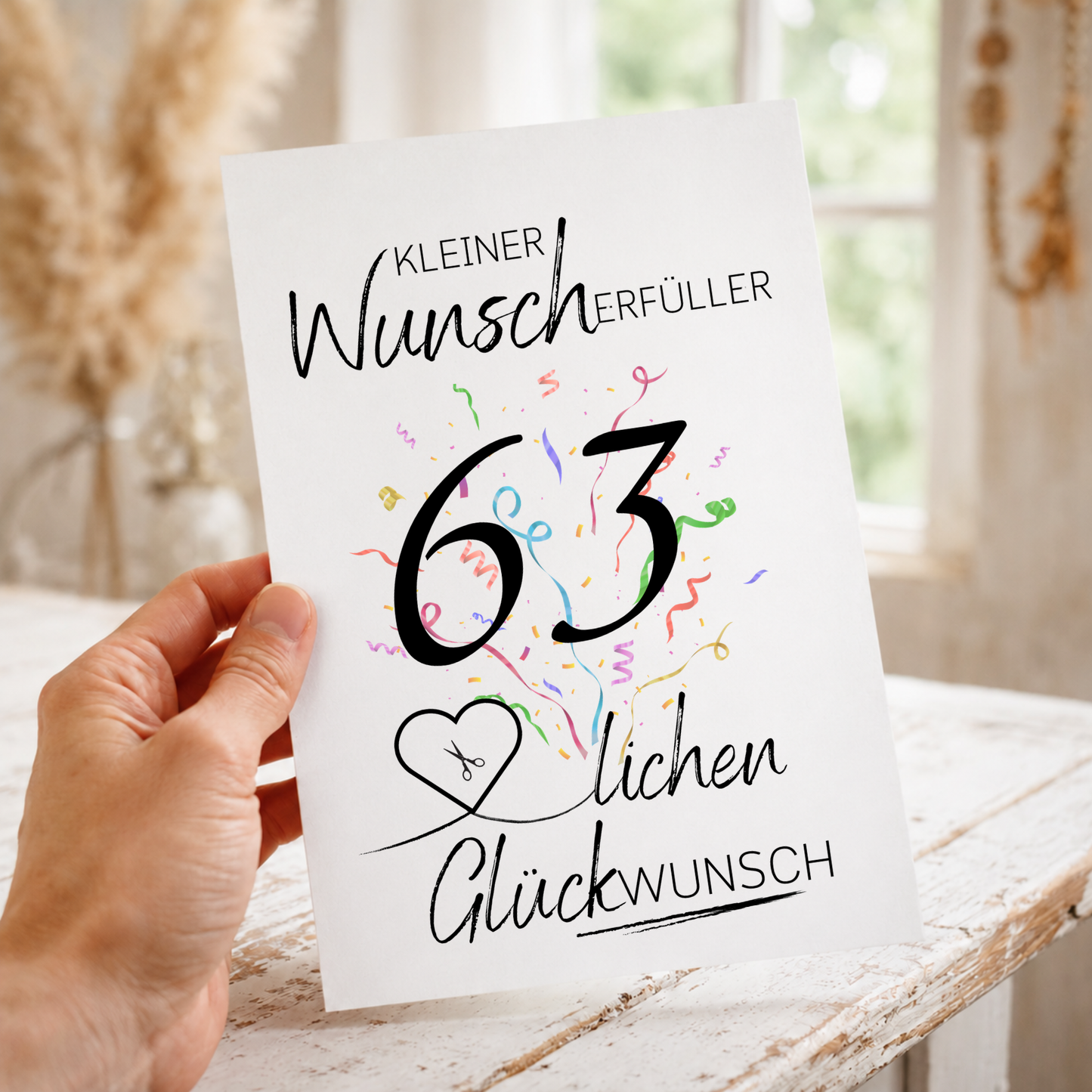 Geldgeschenk 63 Geburtstag Printable mit Konfetti, Herzmotiv für Geldschein, kleiner Wunscherfüller, PDF Download zum Ausdrucken