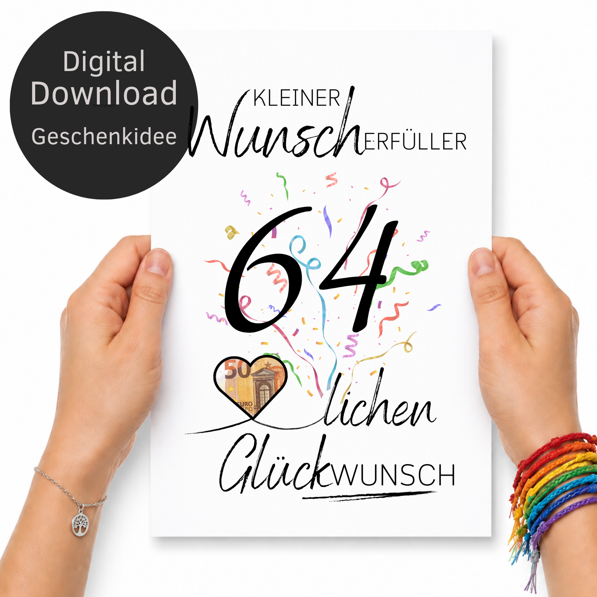 Geldgeschenk 64 Geburtstag Printable mit Konfetti, Herzmotiv und Schriftzug Kleiner Wunscherfüller als Digital Download zum Ausdrucken in DIN A4