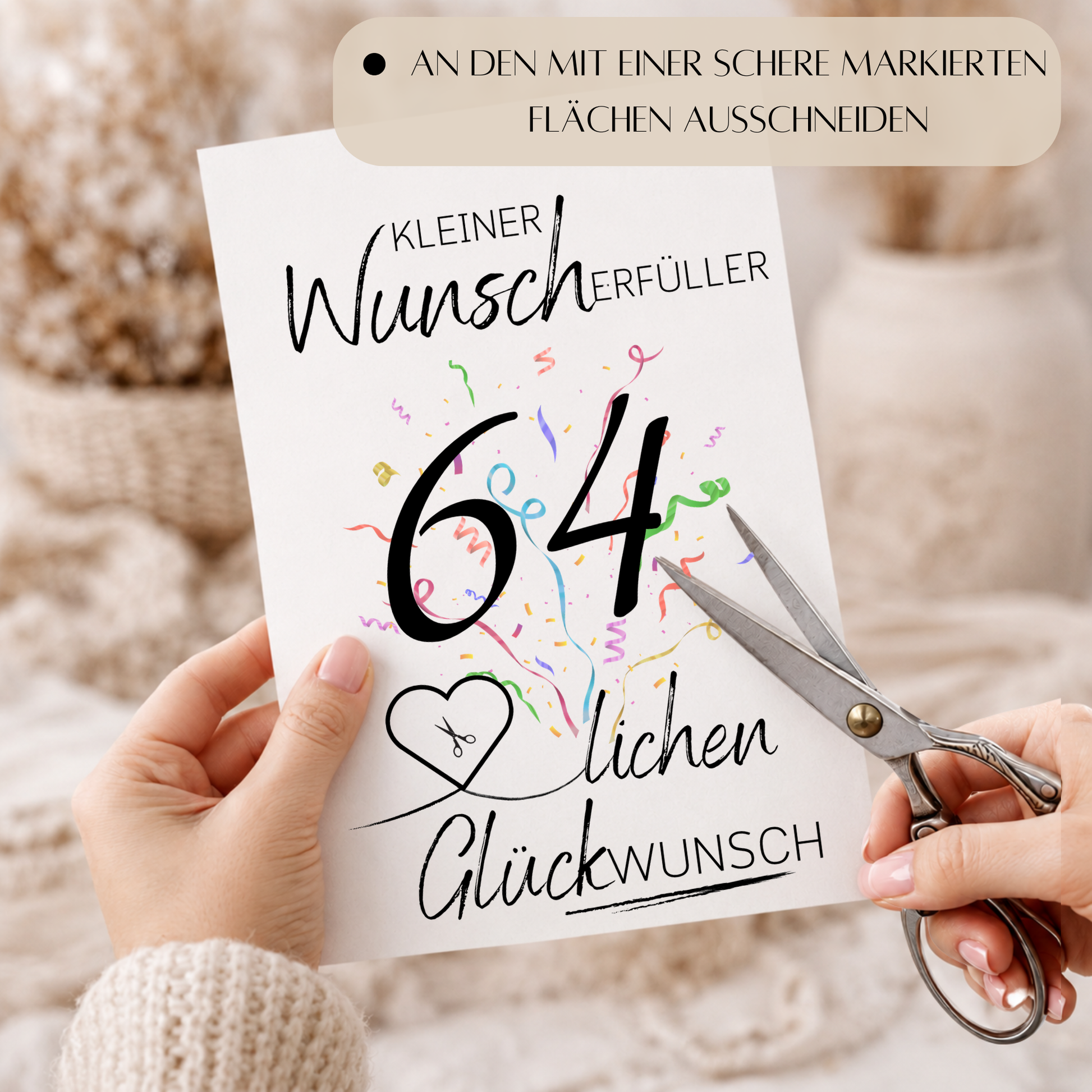 Geldgeschenk 64 Geburtstag Printable mit Konfetti, Herzmotiv und Schriftzug Kleiner Wunscherfüller als Digital Download zum Ausdrucken in DIN A4