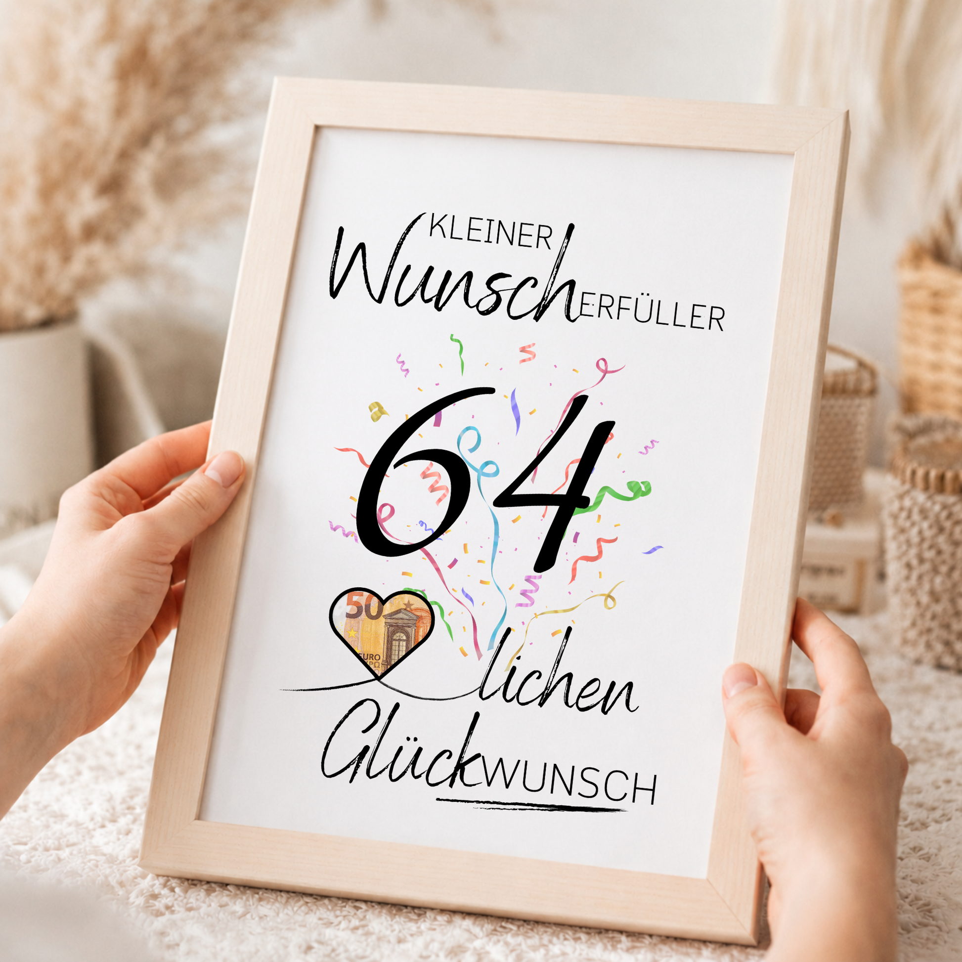 Geldgeschenk 64 Geburtstag Printable mit Konfetti, Herzmotiv und Schriftzug Kleiner Wunscherfüller als Digital Download zum Ausdrucken in DIN A4