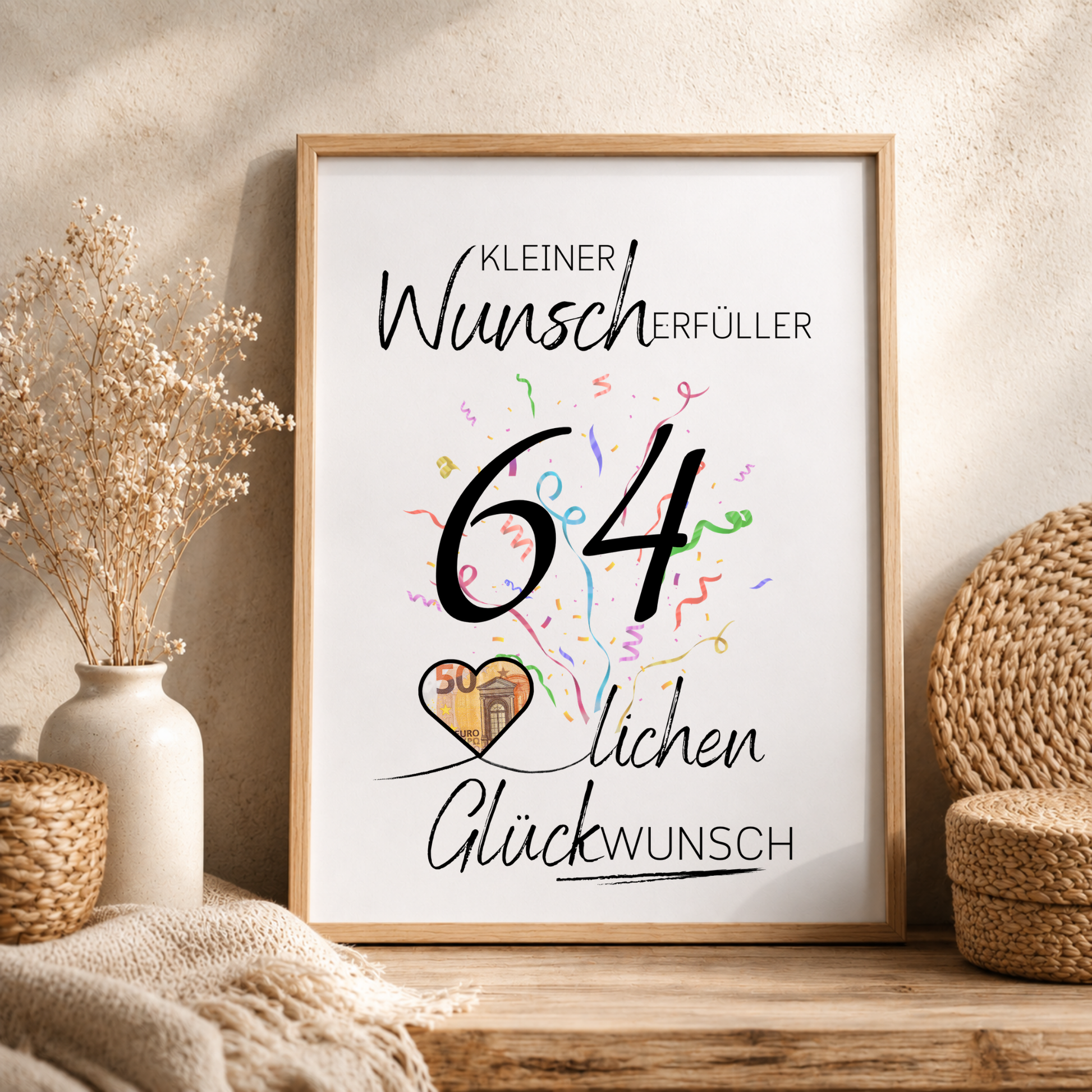 Geldgeschenk 64 Geburtstag Printable mit Konfetti, Herzmotiv und Schriftzug Kleiner Wunscherfüller als Digital Download zum Ausdrucken in DIN A4