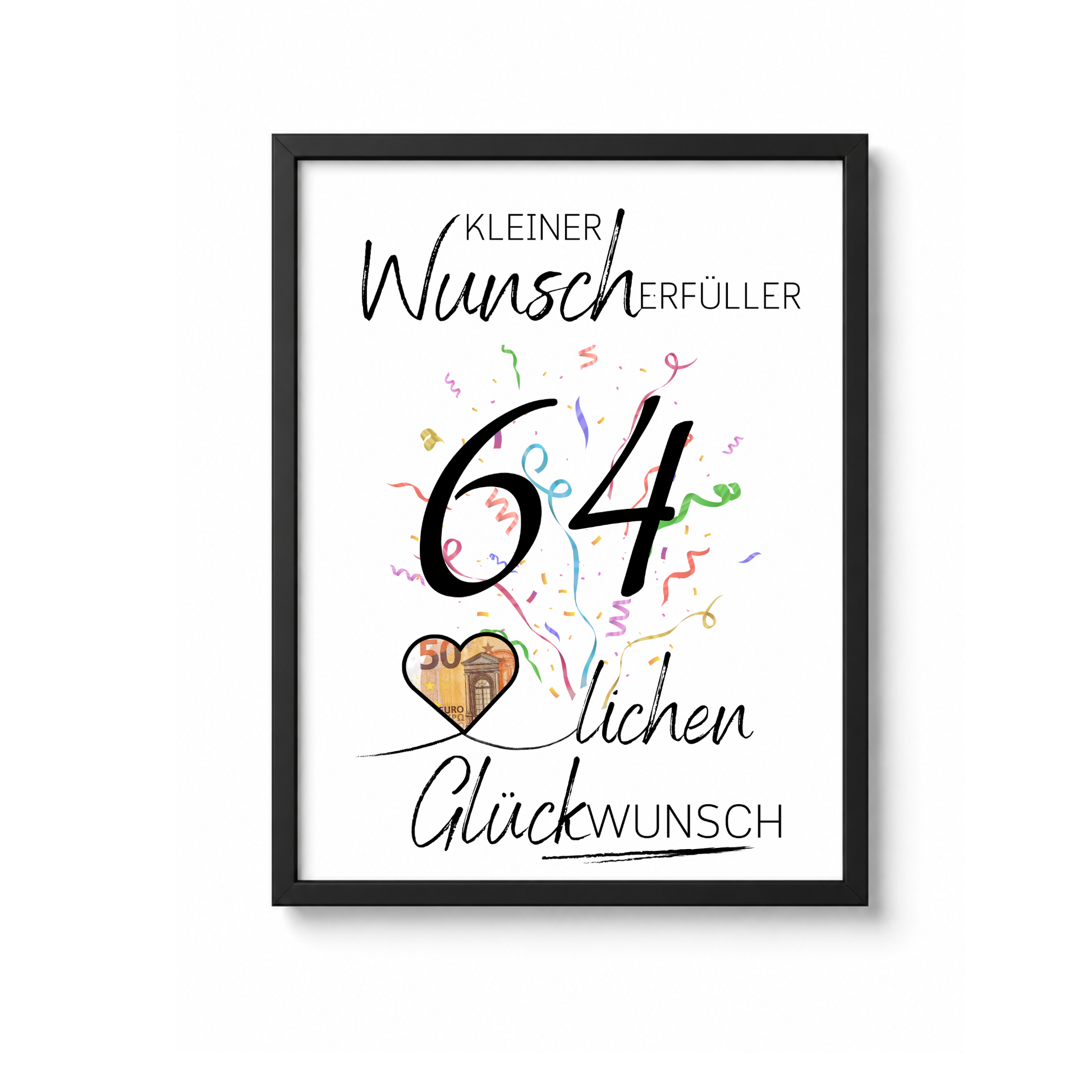 Geldgeschenk 64 Geburtstag Printable mit Konfetti, Herzmotiv und Schriftzug Kleiner Wunscherfüller als Digital Download zum Ausdrucken in DIN A4