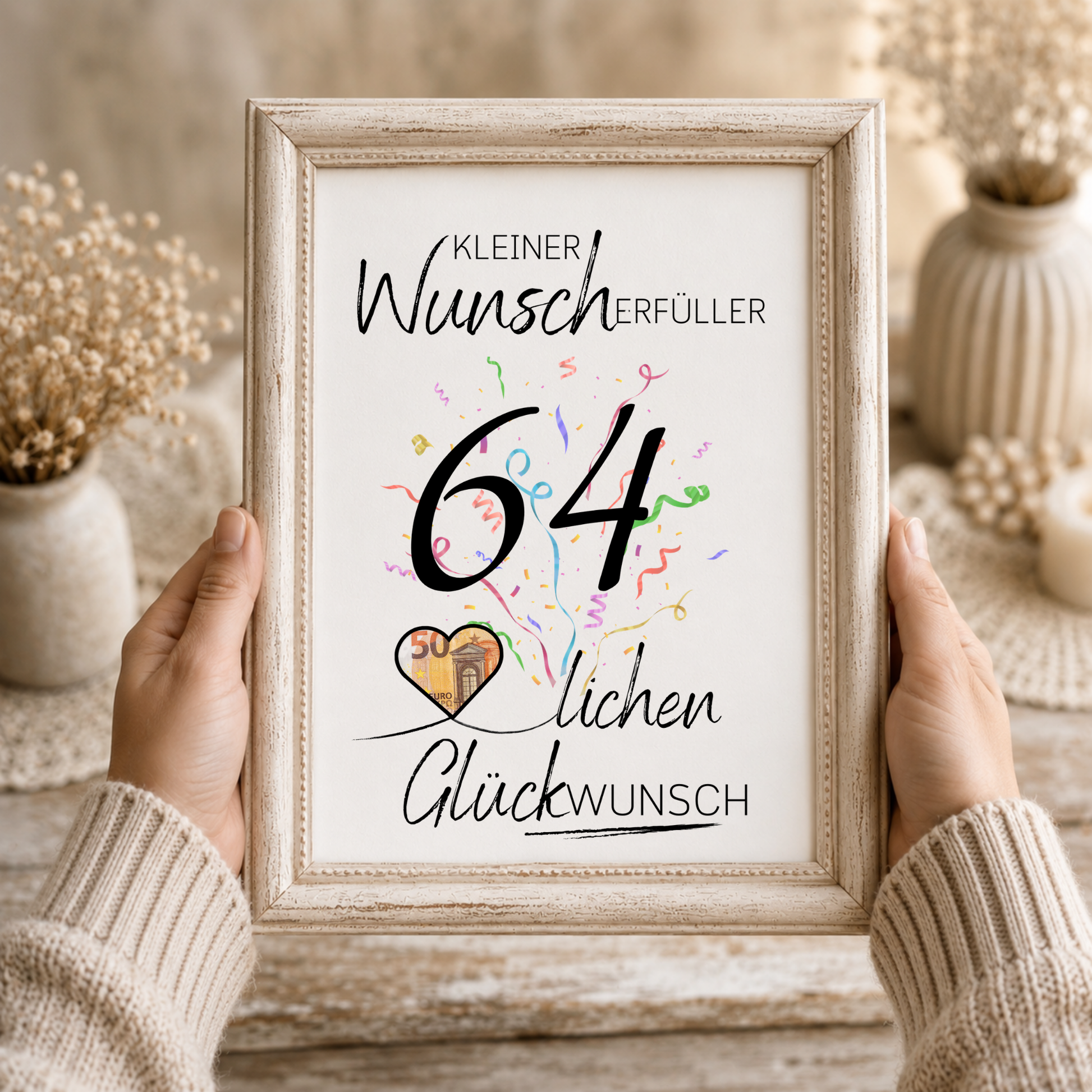 Geldgeschenk 64 Geburtstag Printable mit Konfetti, Herzmotiv und Schriftzug Kleiner Wunscherfüller als Digital Download zum Ausdrucken in DIN A4