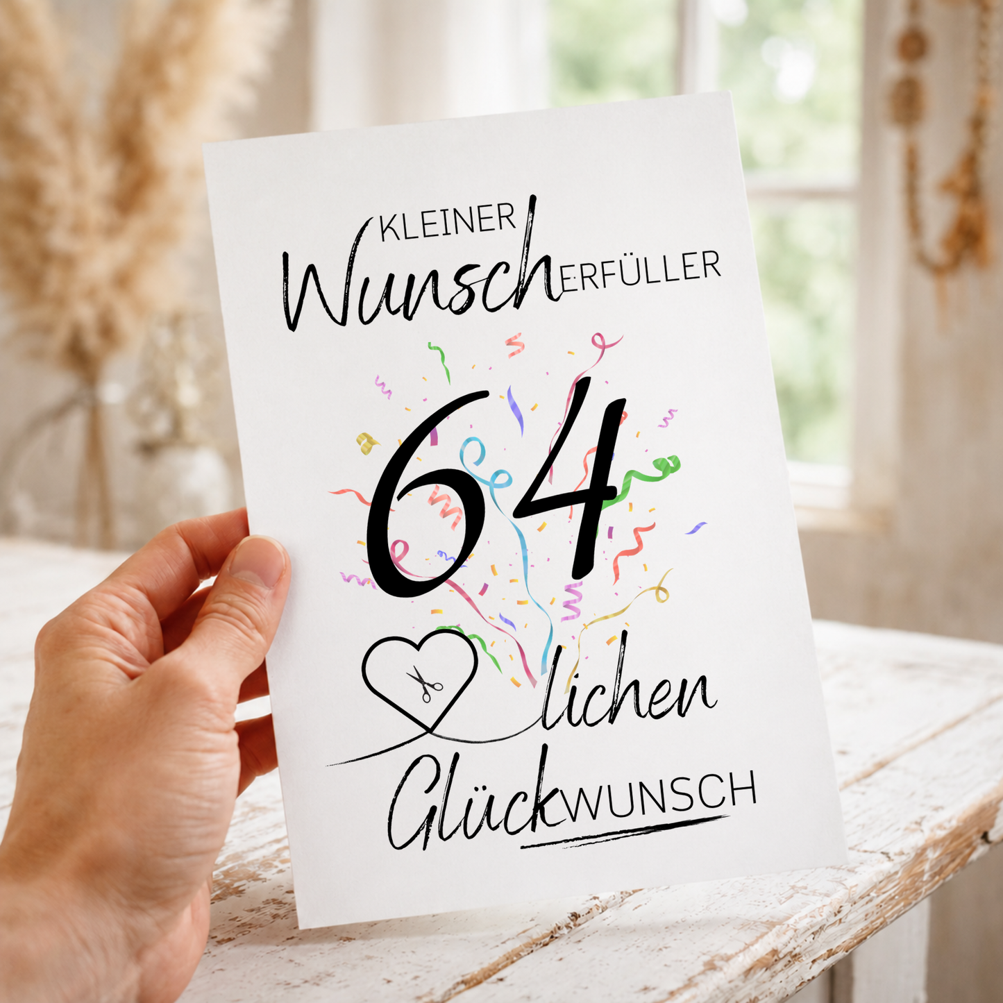 Geldgeschenk 64 Geburtstag Printable mit Konfetti, Herzmotiv und Schriftzug Kleiner Wunscherfüller als Digital Download zum Ausdrucken in DIN A4