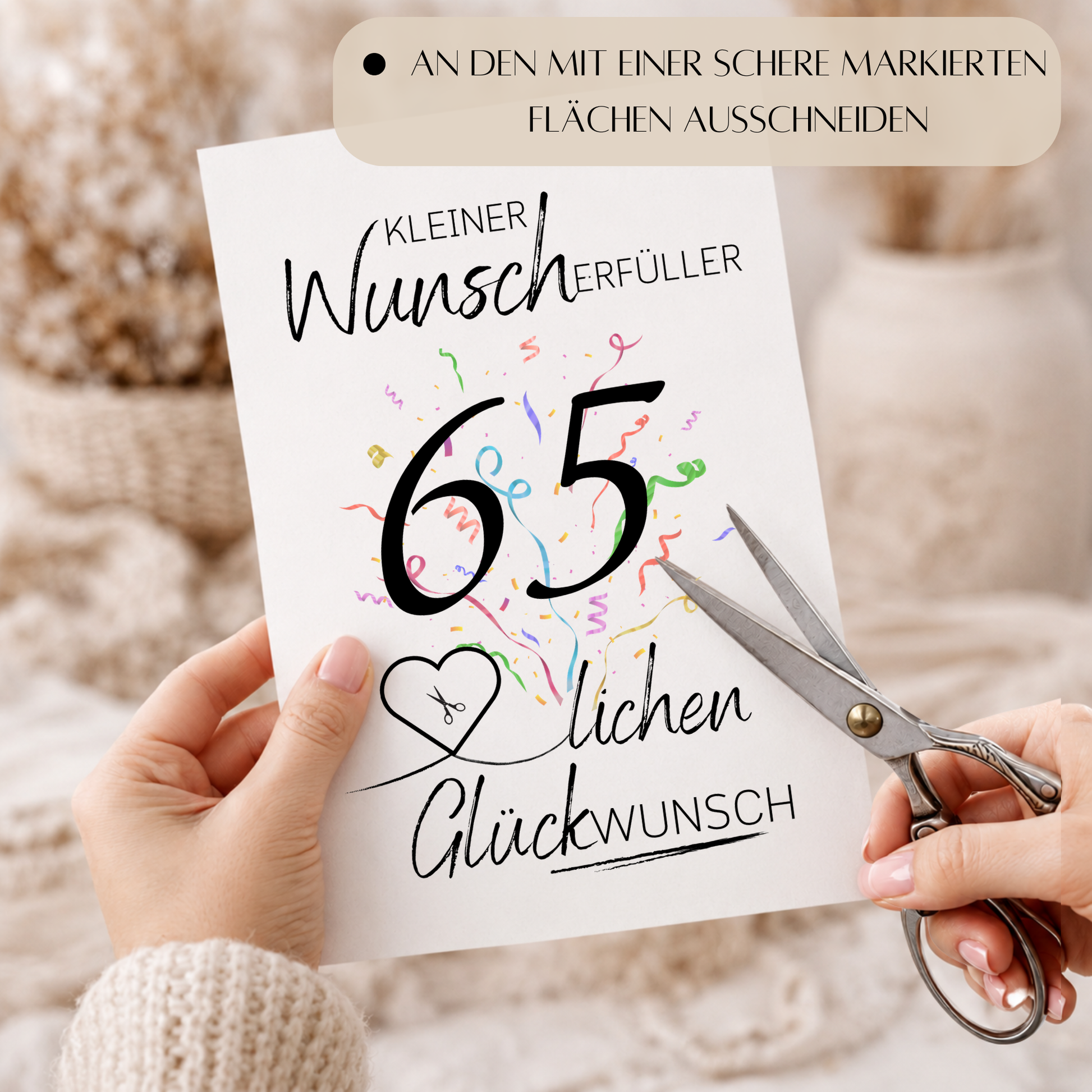 Geldgeschenk 65. Geburtstag Printable mit Konfetti, Herzmotiv für Geldschein, Schriftzug Kleiner Wunscherfüller und Glückwunsch Design zum Ausdrucken als Digital Download