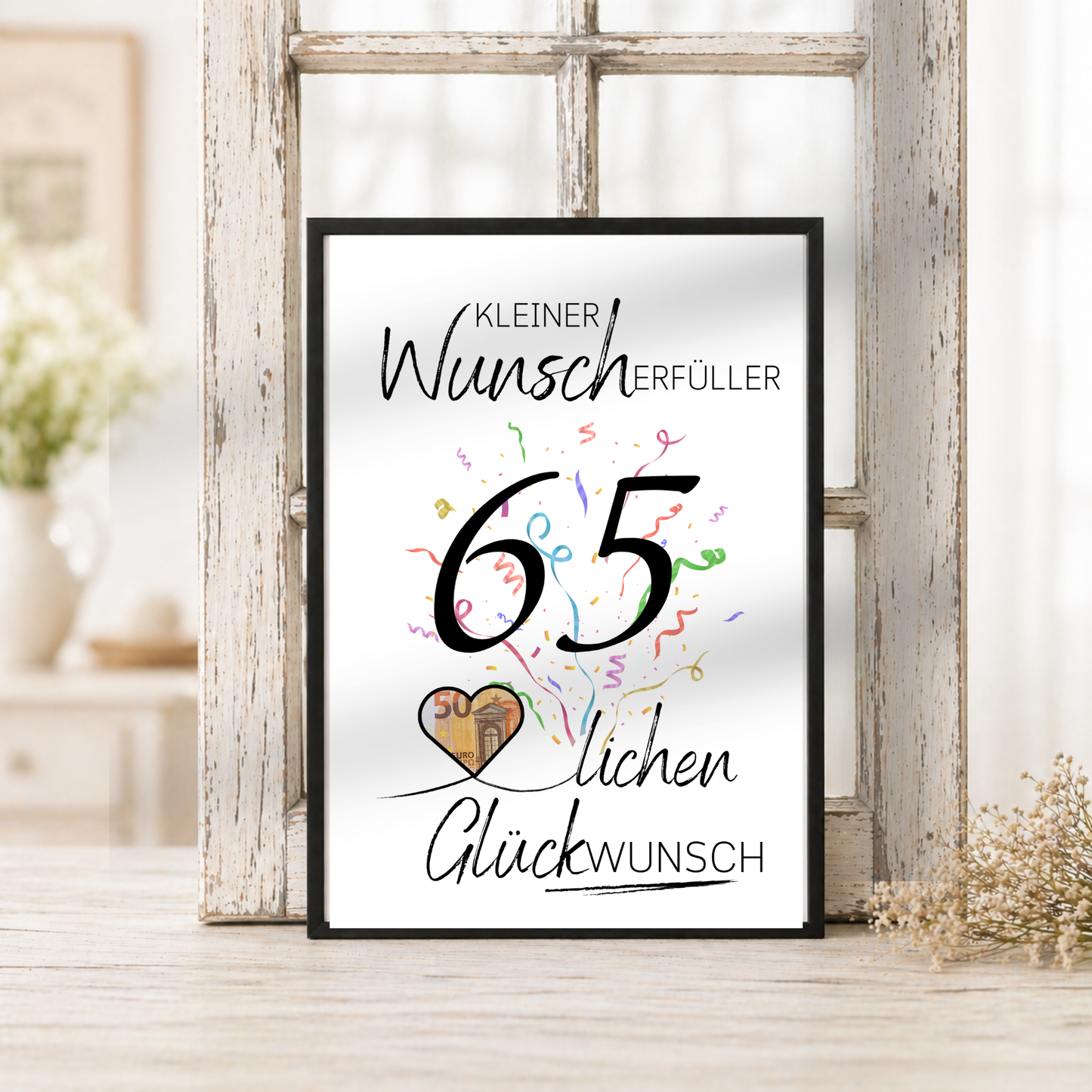 Geldgeschenk 65. Geburtstag Printable mit Konfetti, Herzmotiv für Geldschein, Schriftzug Kleiner Wunscherfüller und Glückwunsch Design zum Ausdrucken als Digital Download