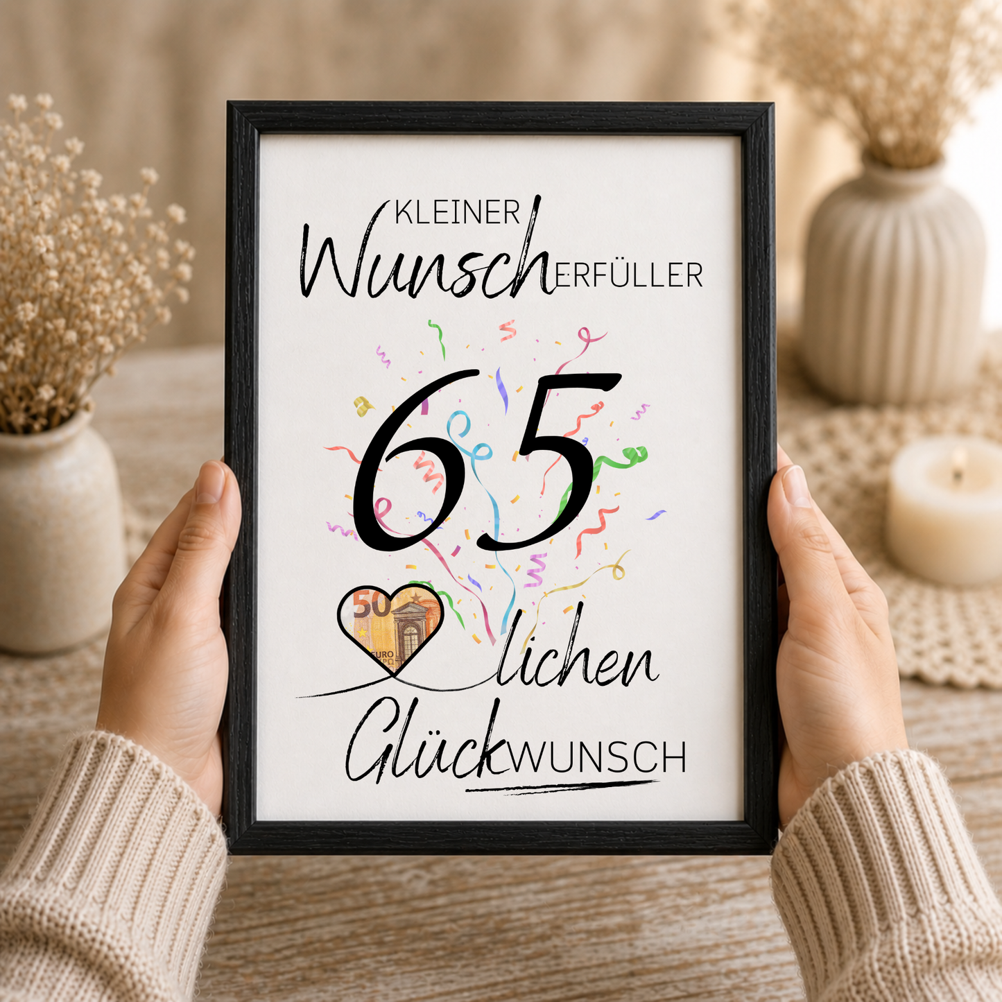 Geldgeschenk 65. Geburtstag Printable mit Konfetti, Herzmotiv für Geldschein, Schriftzug Kleiner Wunscherfüller und Glückwunsch Design zum Ausdrucken als Digital Download