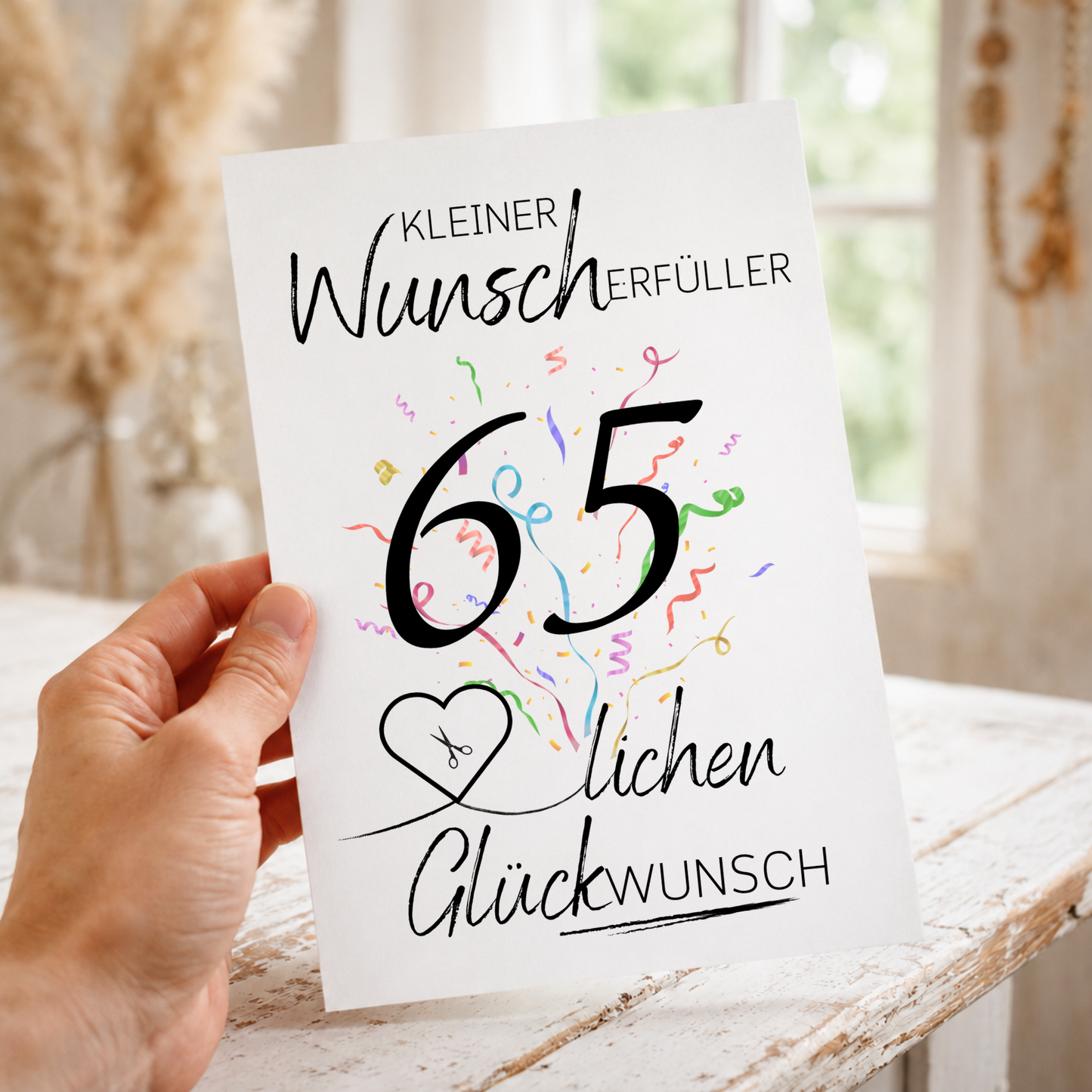 Geldgeschenk 65. Geburtstag Printable mit Konfetti, Herzmotiv für Geldschein, Schriftzug Kleiner Wunscherfüller und Glückwunsch Design zum Ausdrucken als Digital Download