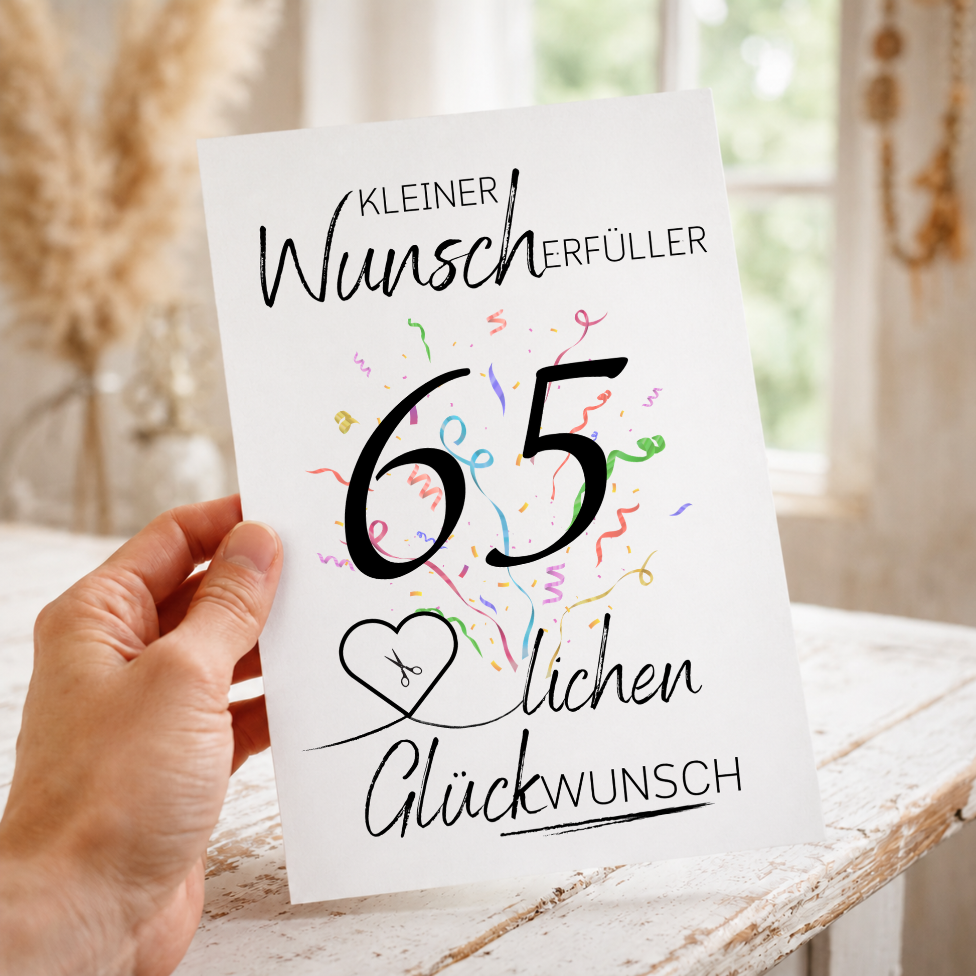 Geldgeschenk 65. Geburtstag Printable mit Konfetti, Herzmotiv für Geldschein, Schriftzug Kleiner Wunscherfüller und Glückwunsch Design zum Ausdrucken als Digital Download