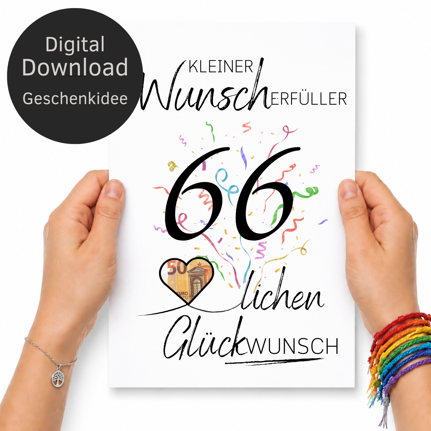 Geldgeschenk 66. Geburtstag Printable mit Schriftzug Kleiner Wunscherfüller, großer Zahl 66, buntem Konfetti und Herz für Geldschein als Digital Download zum Ausdrucken