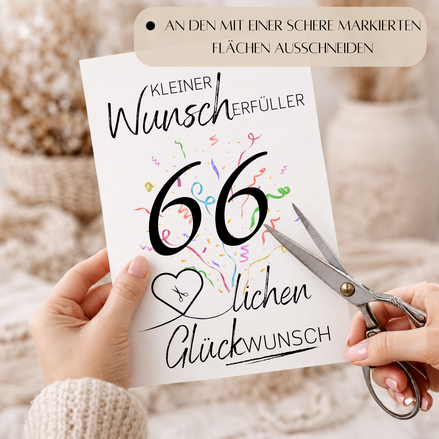 Geldgeschenk 66. Geburtstag Printable mit Schriftzug Kleiner Wunscherfüller, großer Zahl 66, buntem Konfetti und Herz für Geldschein als Digital Download zum Ausdrucken