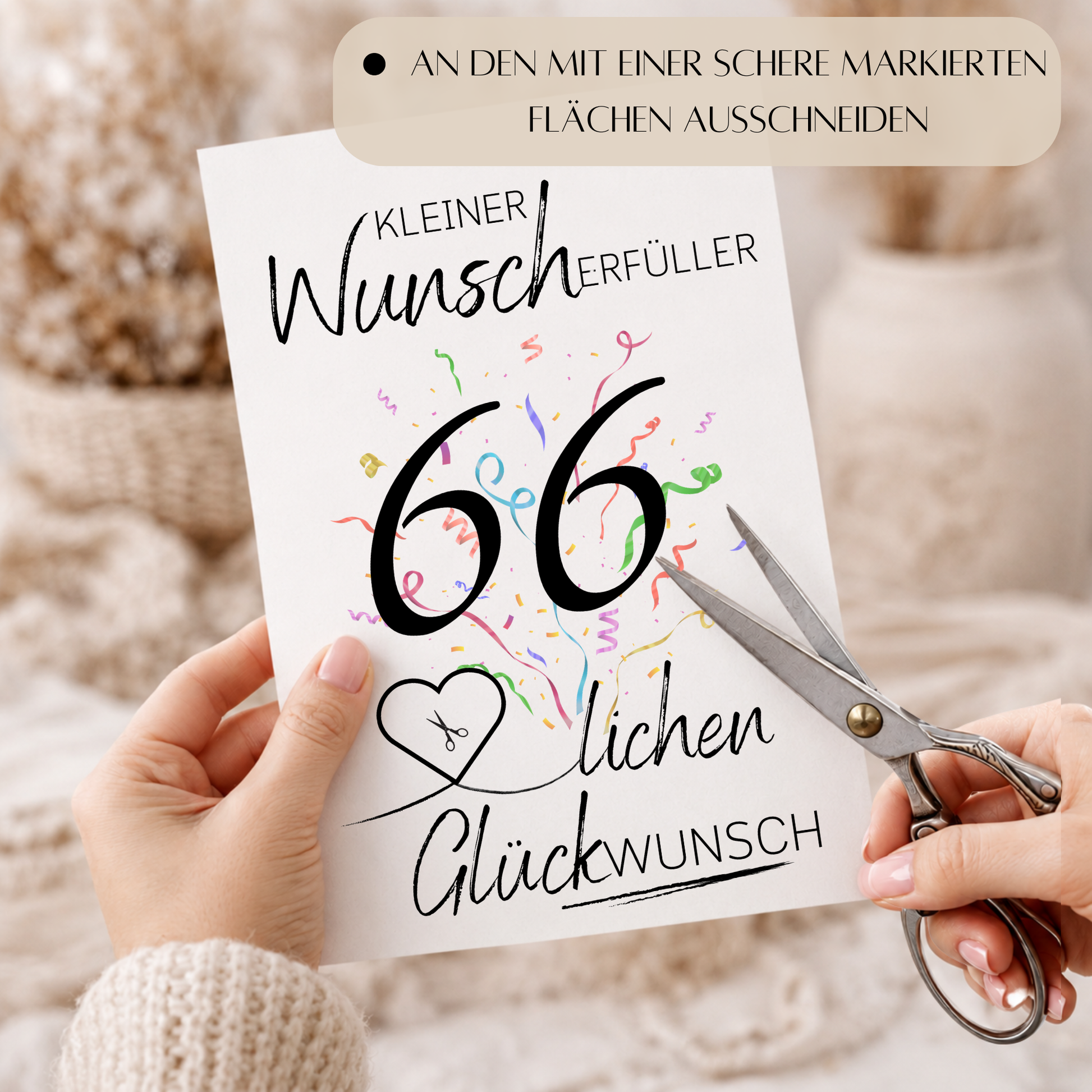 Geldgeschenk 66. Geburtstag Printable mit Schriftzug Kleiner Wunscherfüller, großer Zahl 66, buntem Konfetti und Herz für Geldschein als Digital Download zum Ausdrucken
